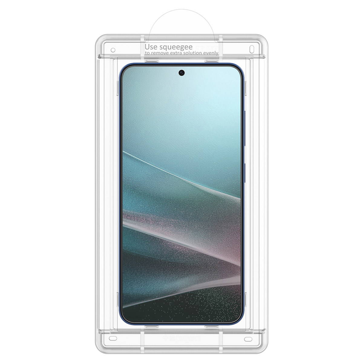 Uno smartphone in una guida di installazione trasparente con testo "Use squeegee".