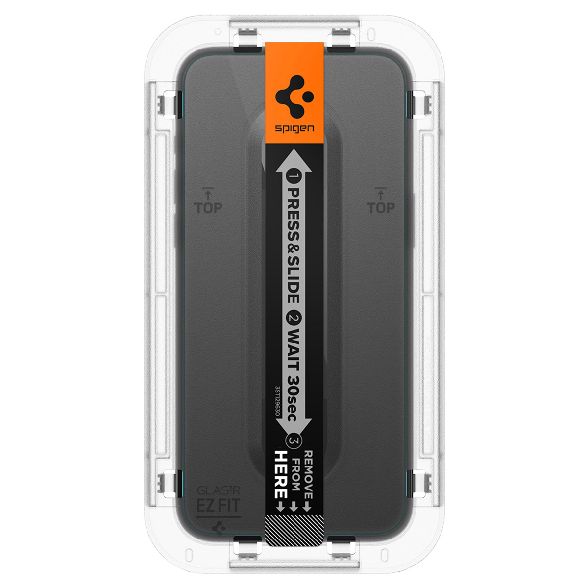Strumento di installazione pellicola protettiva Spigen con istruzioni: Premi e scorri, attendi 30 sec, rimuovi qui.