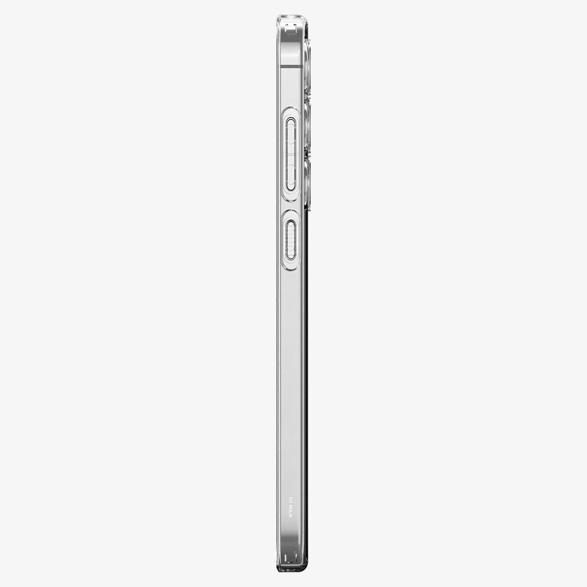 Vue de côté d'une coque de smartphone transparente avec des boutons visibles sur le côté droit.