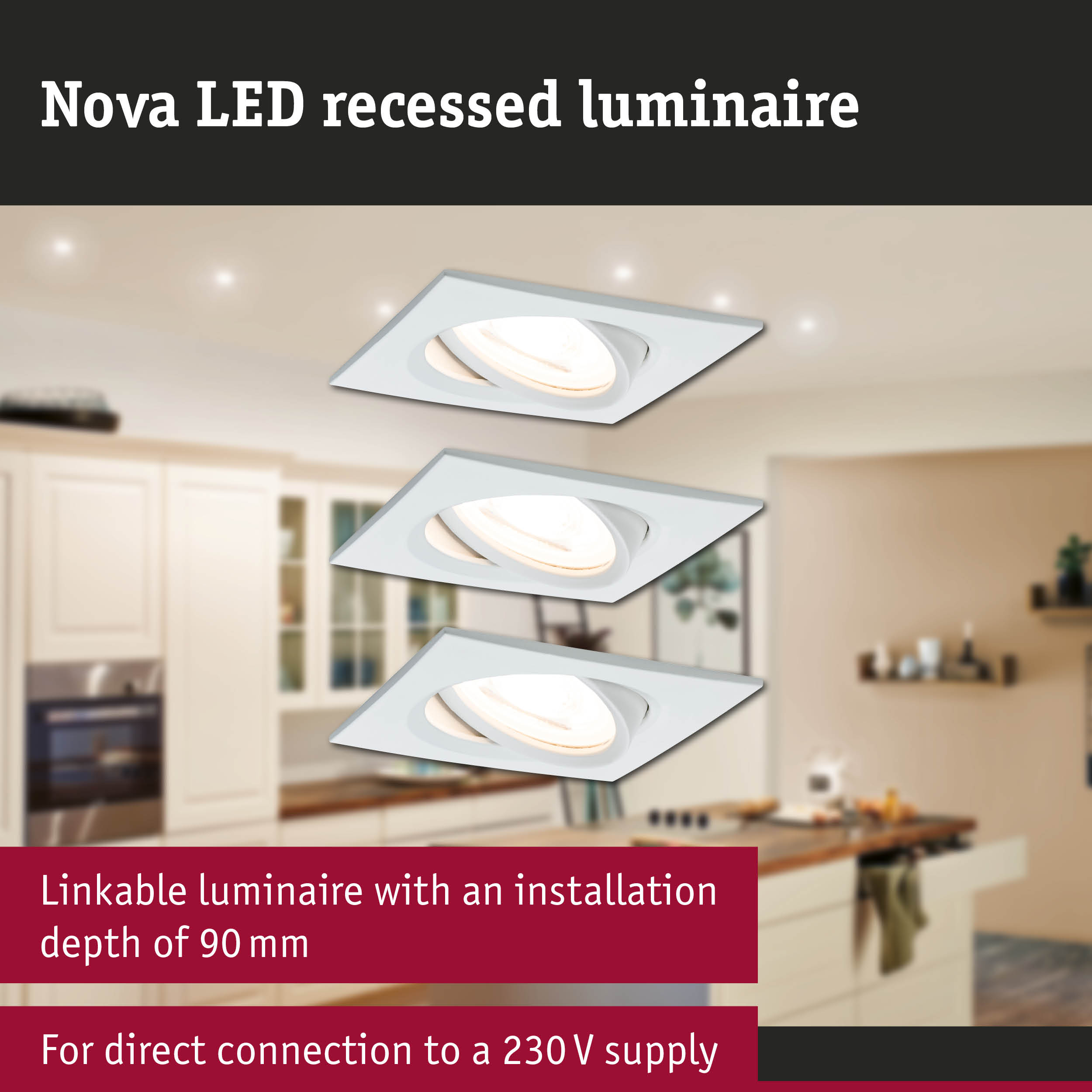 Drei Nova LED Einbauleuchten in einer Küche. 90 mm Einbautiefe.