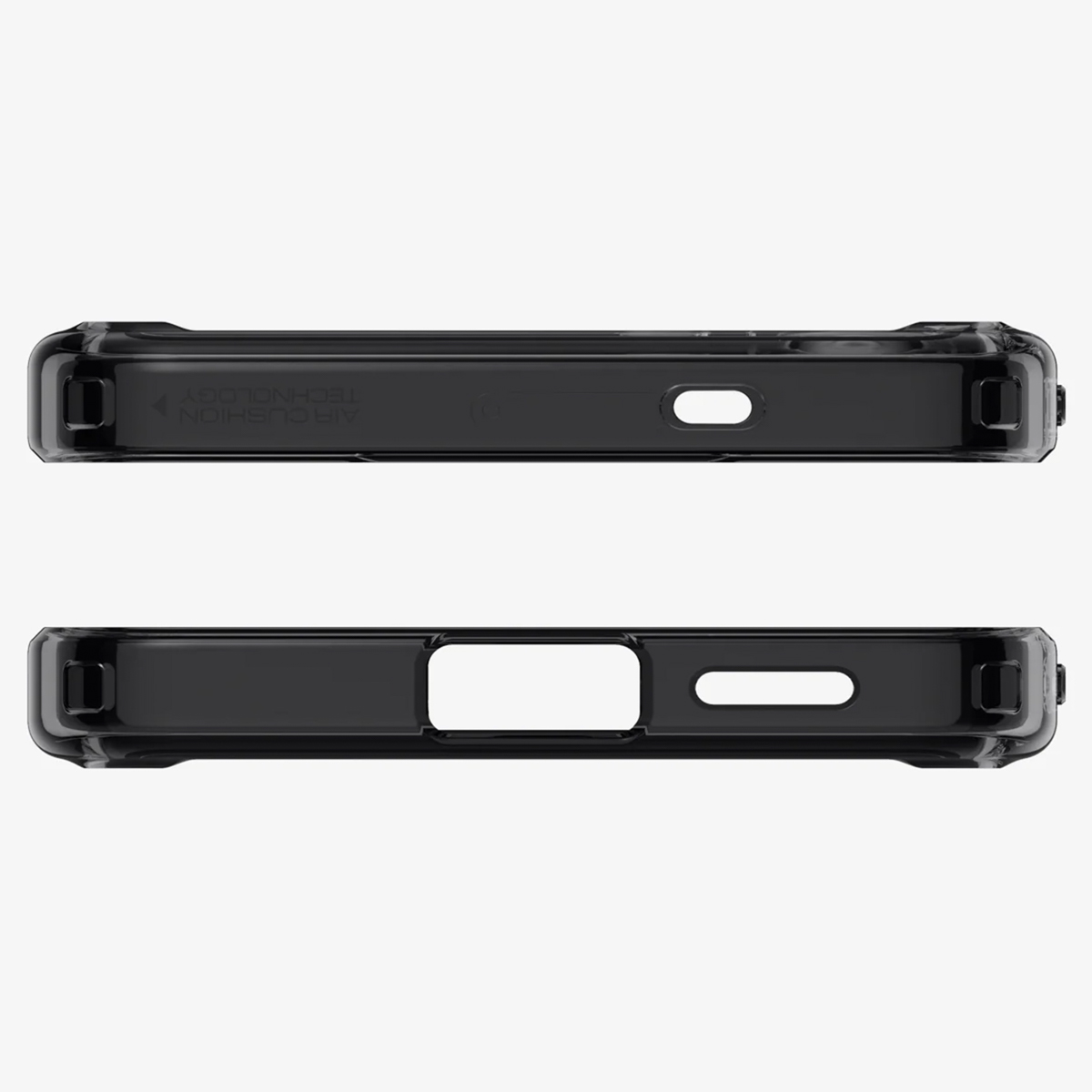 Coque de téléphone noire vue de côté, montrant des découpes et le texte 'Air Cushion Technology'.