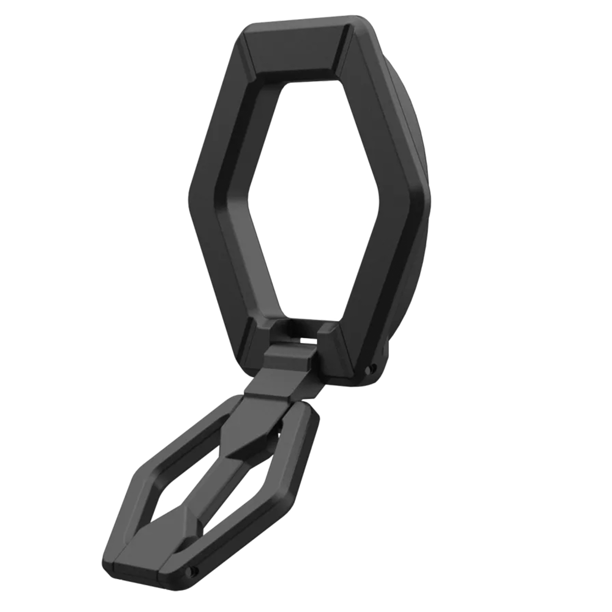 Ein schwarzer, hexagonaler Halter mit einem Gelenk, das sich zu einer Greifklaue öffnet.