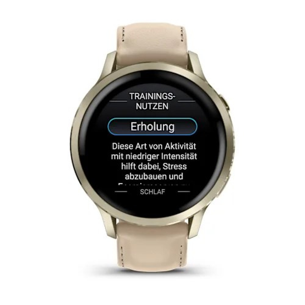 Eine goldene Smartwatch mit hellem Lederarmband zeigt den Bildschirm 
