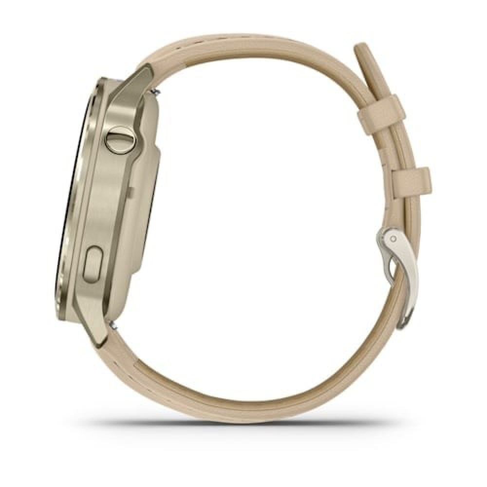 Goldene Smartwatch mit hellem Lederarmband und Metallschnalle.
