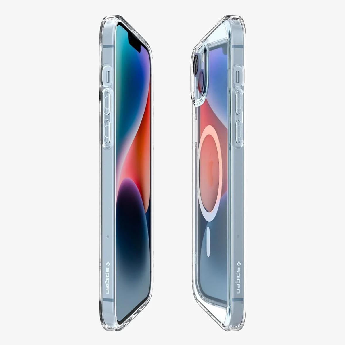 Twee doorzichtige telefoonhoesjes met iPhones naast elkaar op witte achtergrond.