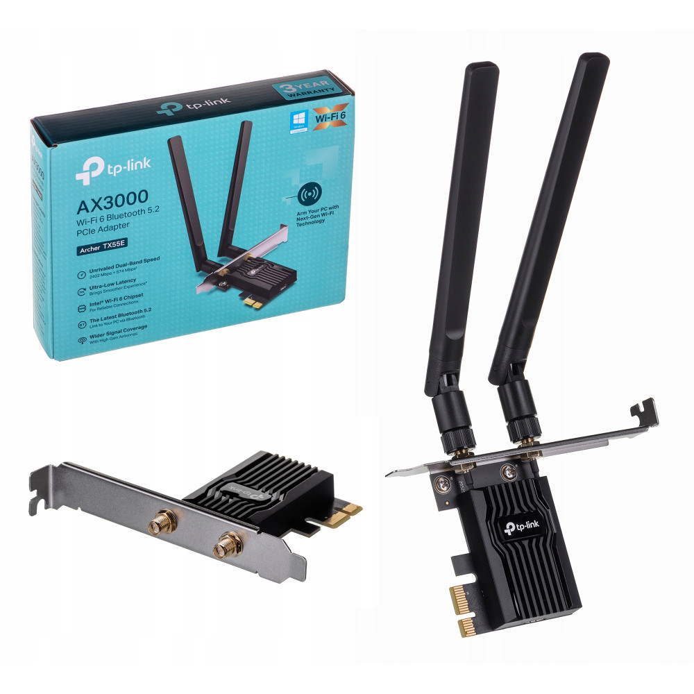 Adapter PCIe TP-Link AX3000 Wi-Fi 6 Bluetooth 5.2 z antenami i pudełkiem.