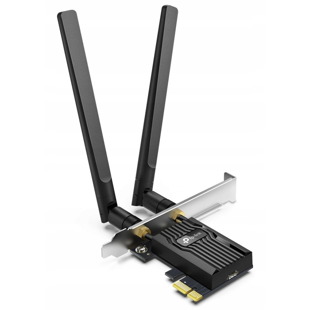 Czarna karta Wi-Fi TP-Link z dwiema antenami i metalowym wspornikiem na białym tle.