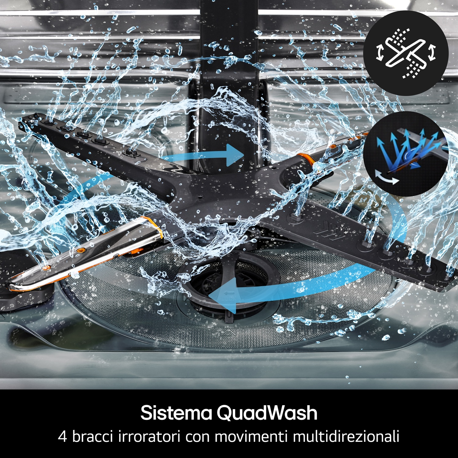QuadWash: Braccio irroratore con 4 bracci che spruzzano acqua multidirezionalmente.