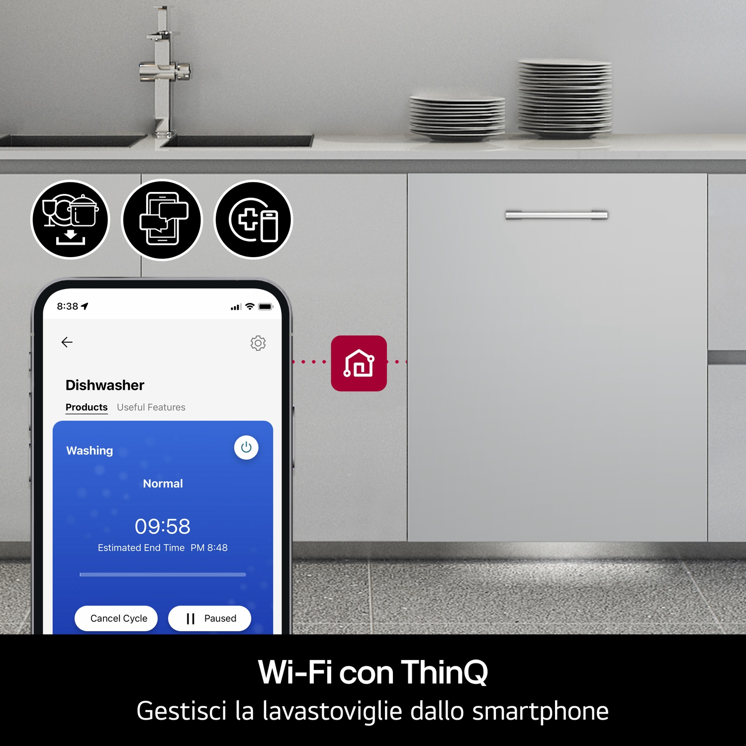 Uno smartphone mostra una lavastoviglie in modalità normale con 09:58 rimanenti.