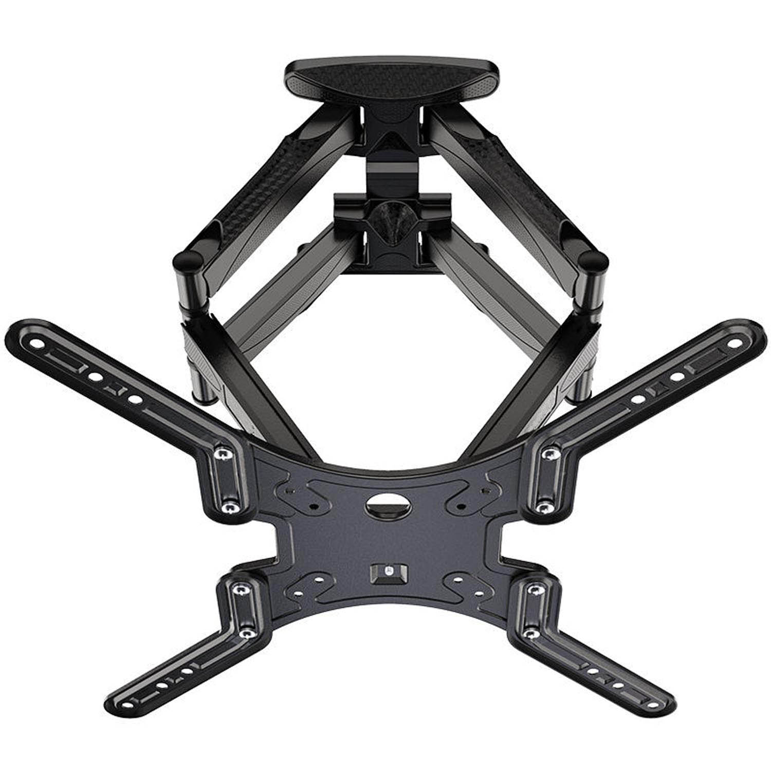 Black ceiling TV mount with adjustable arms.