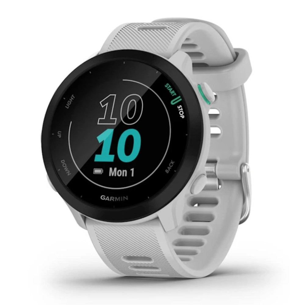 Szary smartwatch Garmin z wyświetlaczem cyfrowym: 10:10, ikona baterii, poniedziałek.