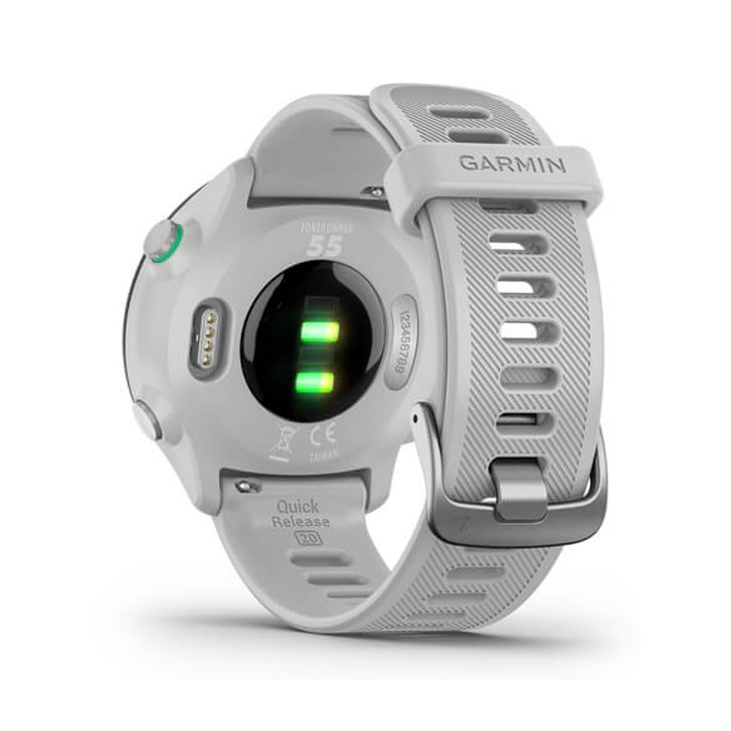 Biały smartwatch Garmin Forerunner 55 z czujnikiem tętna i szarym paskiem.