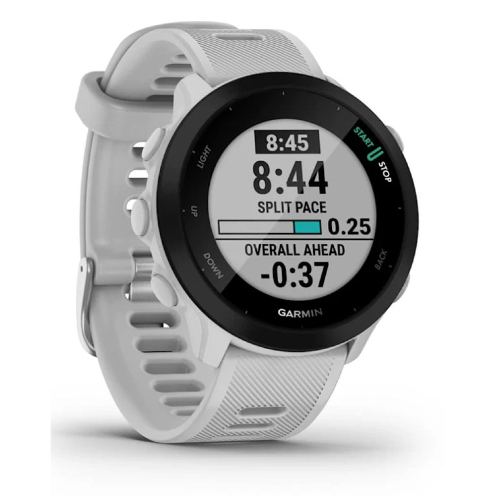 Biały zegarek Garmin wyświetla tempo międzyczasu 8:44 i ogólny czas -0:37.