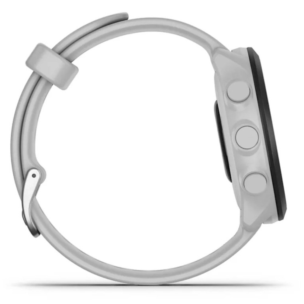 Jasnoszary smartwatch z trzema przyciskami i białym paskiem, widok z boku.