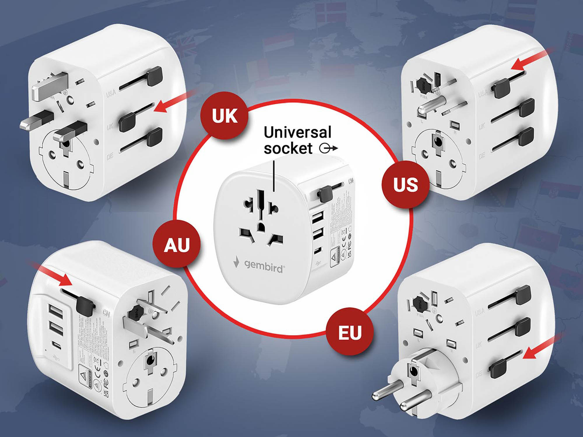 Un adaptateur universel blanc avec fiches rétractables pour UK, US, AU et UE.