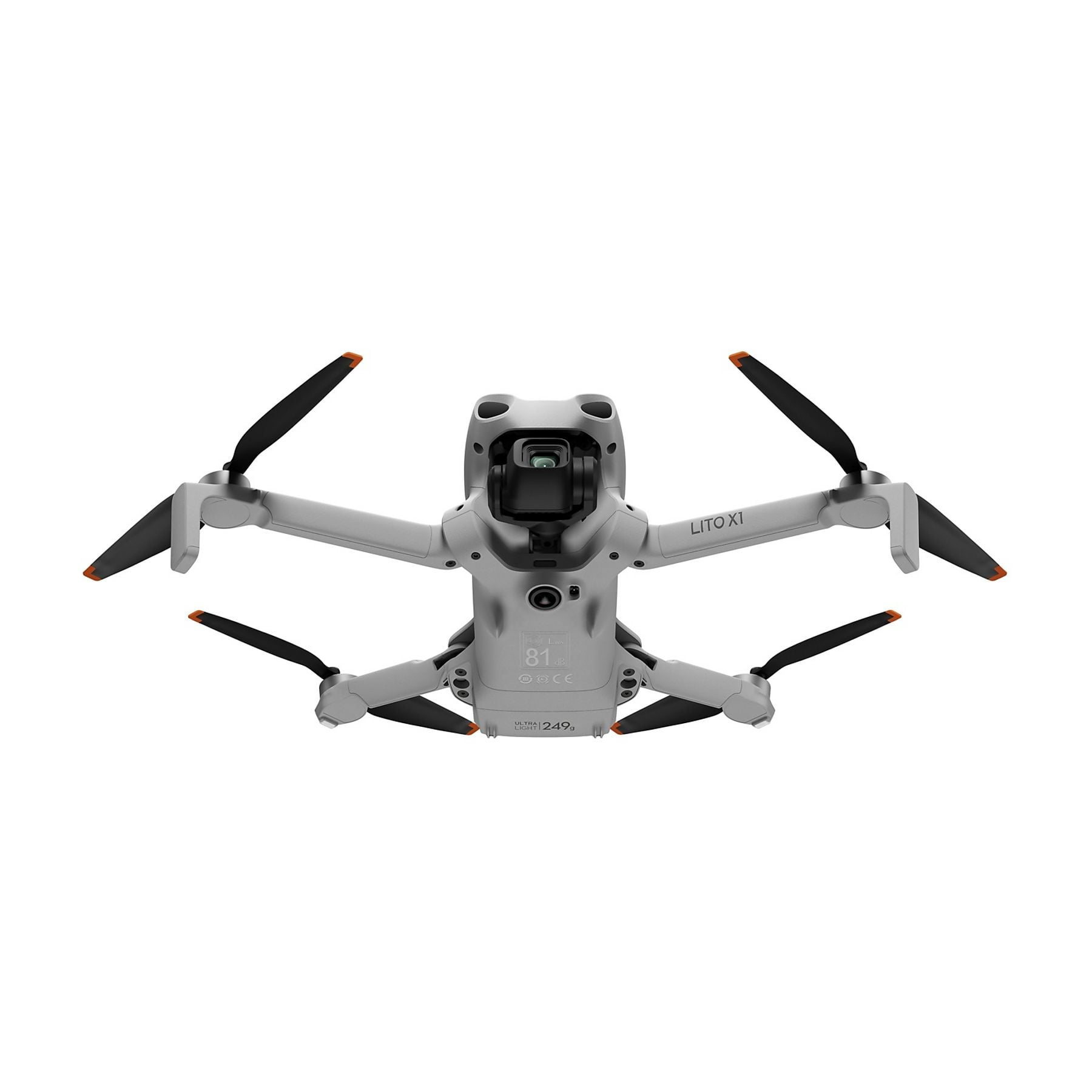 Un dron blanco con hélices negras y puntas naranjas se muestra desde arriba.