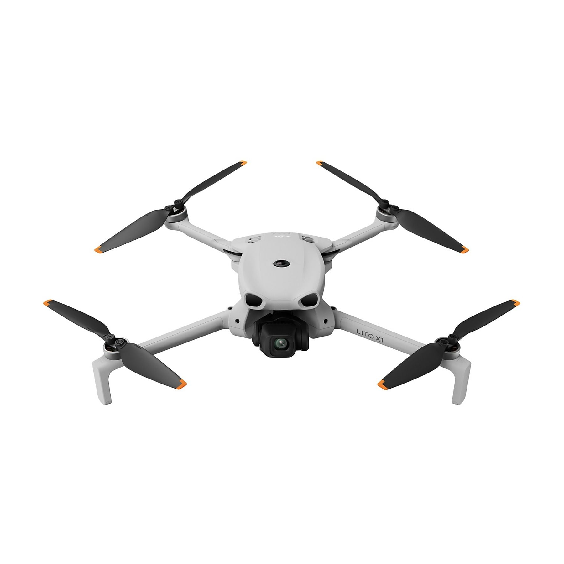 Un dron gris claro con cuatro hélices negras con puntas naranjas sobre fondo blanco.