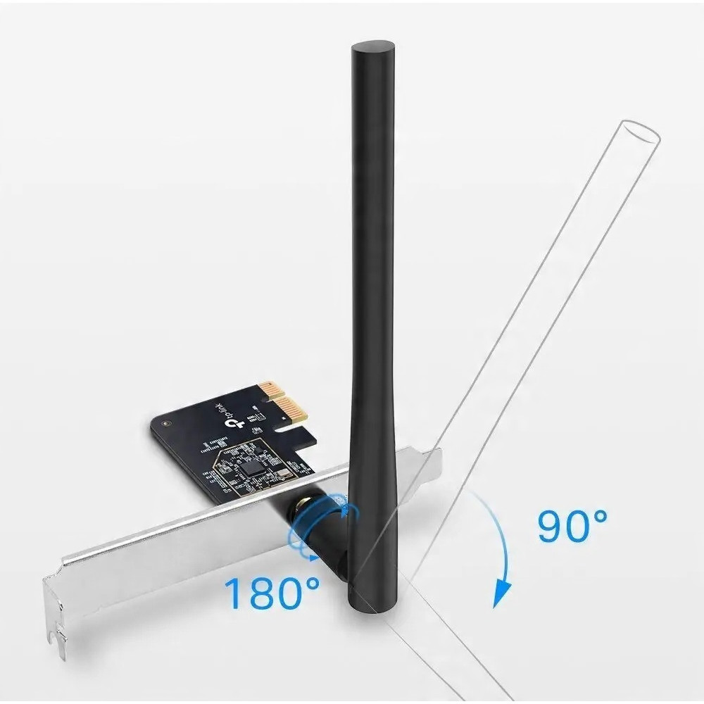 A black antenna PCIe adapter showing 180° and 90° rotation markings.