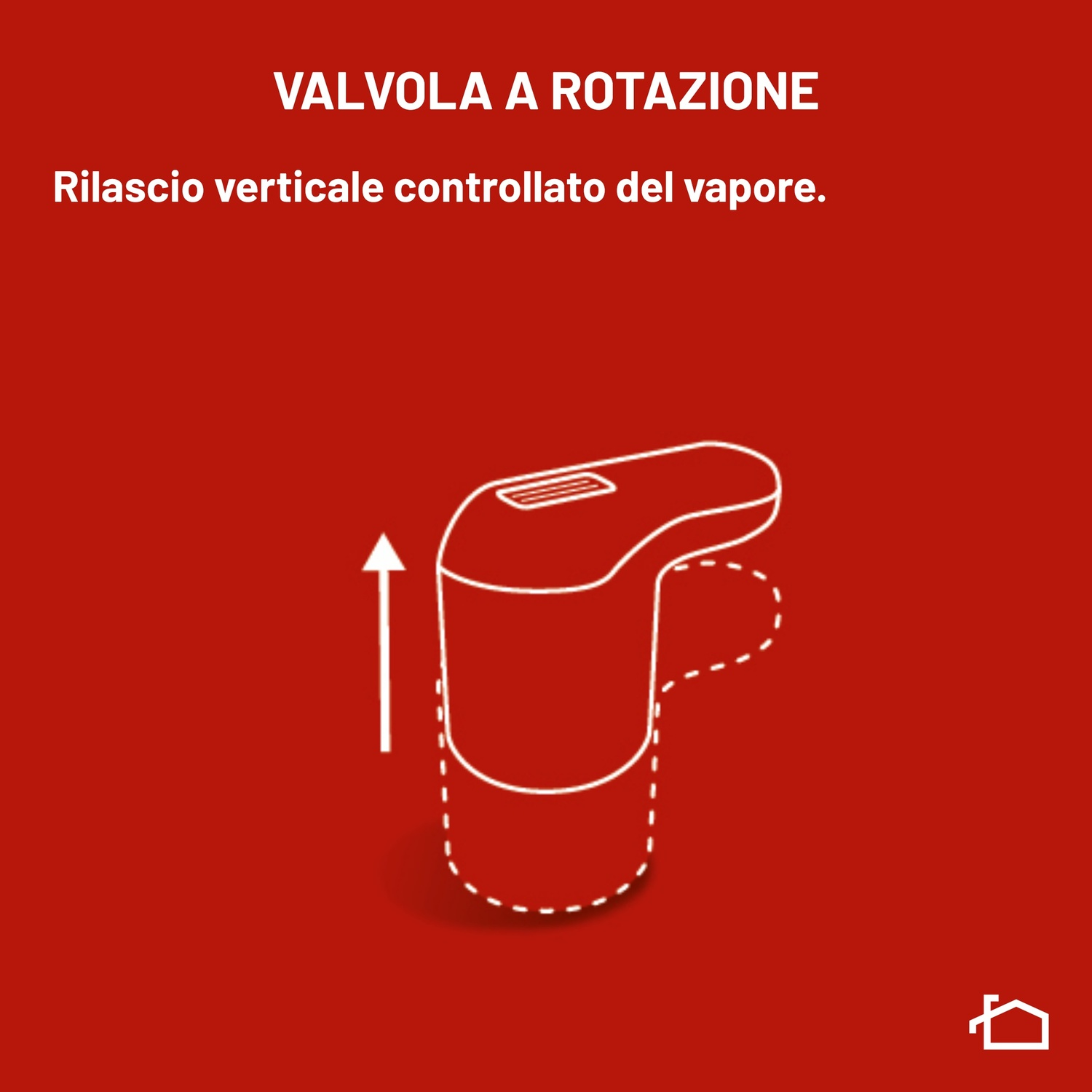 Dibujo lineal blanco de función de vapor de válvula rotatoria sobre fondo rojo.