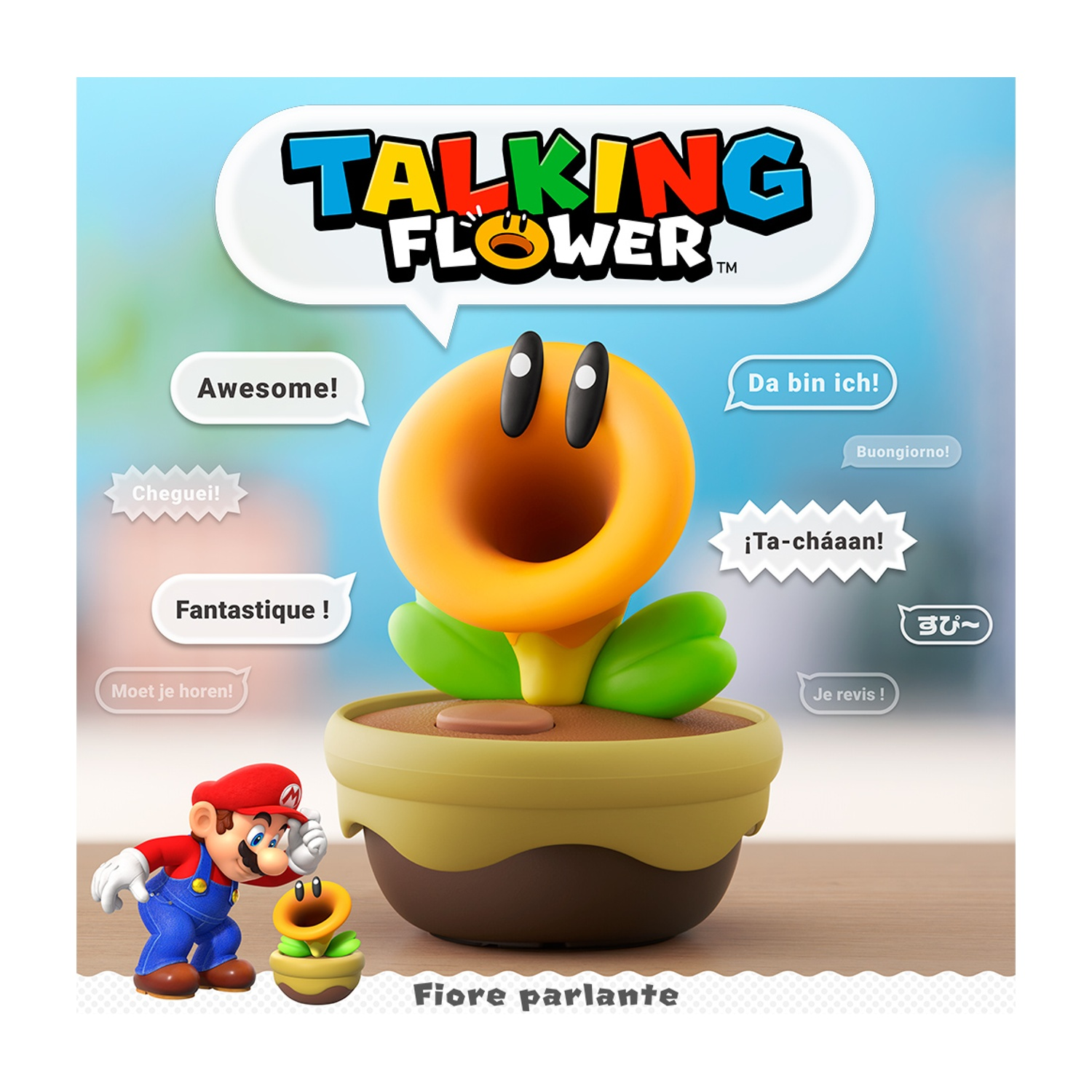 Mario junto a una flor parlante en una maceta con burbujas de diálogo.