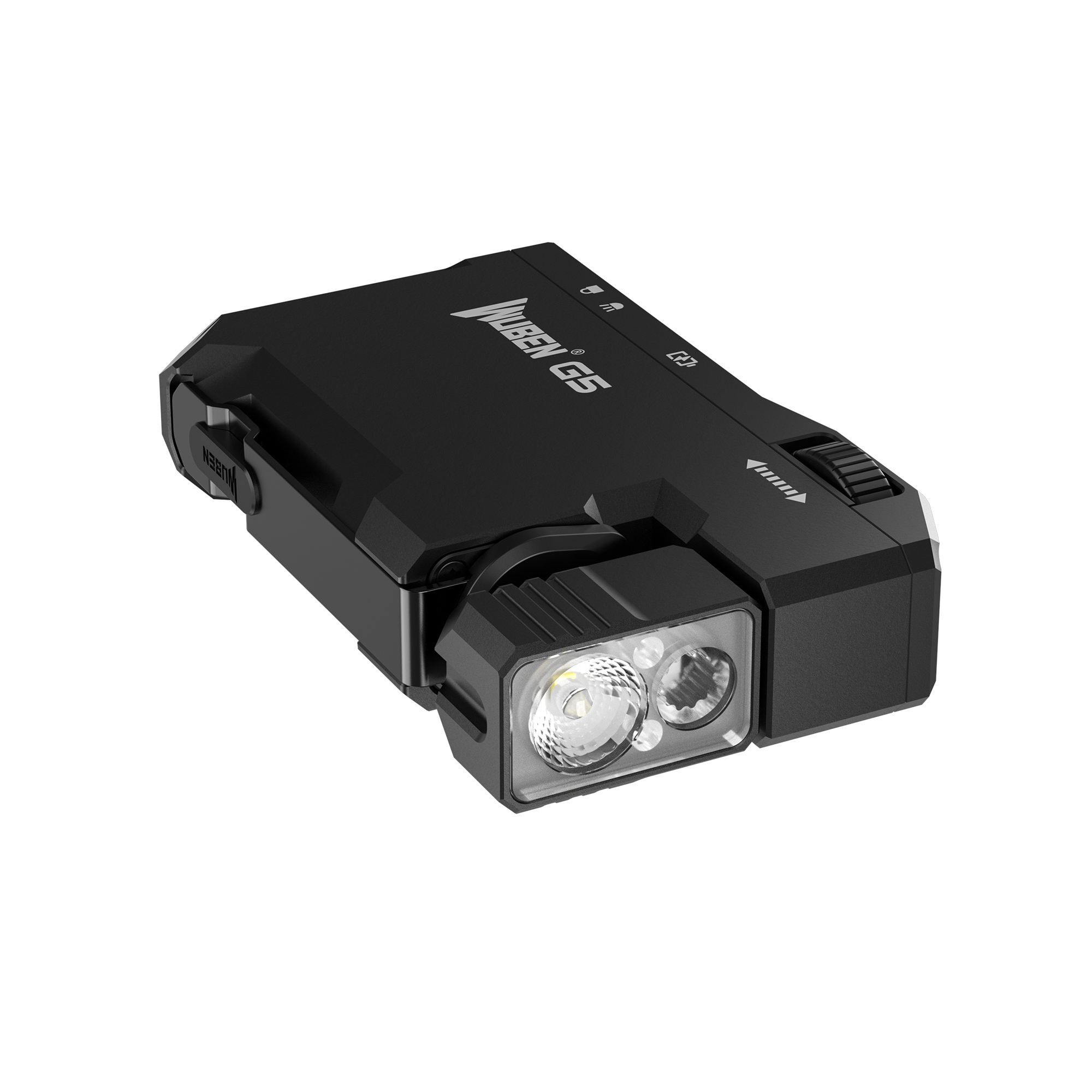 Ein schwarzer NUBEN G5 Stirnlampe mit zwei LEDs und einem Einstellrad.