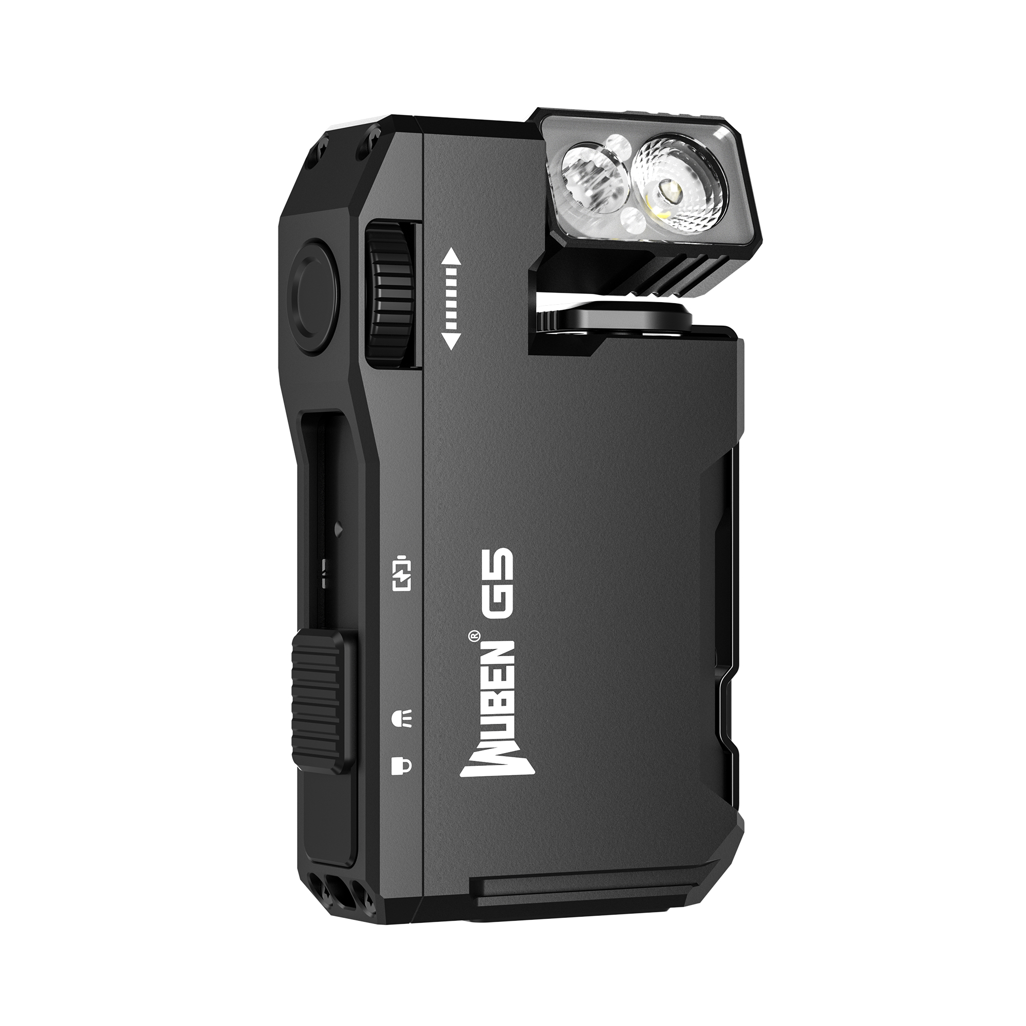 Schwarze WUBEN G5 Lampe mit zwei LEDs, einstellbarem Rad und Ladeanzeige.