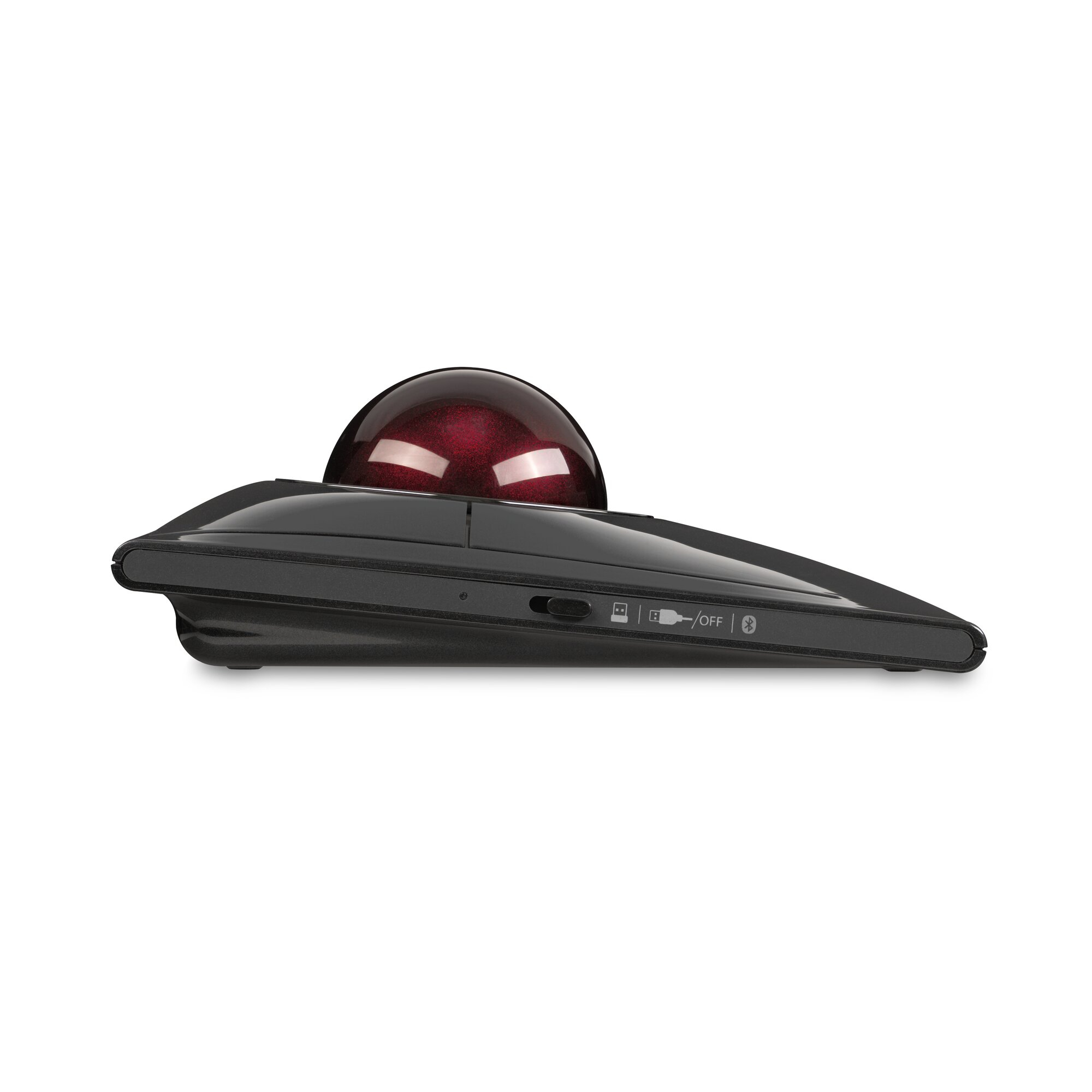 Black trackball with red shine and USB/Bluetooth switch.