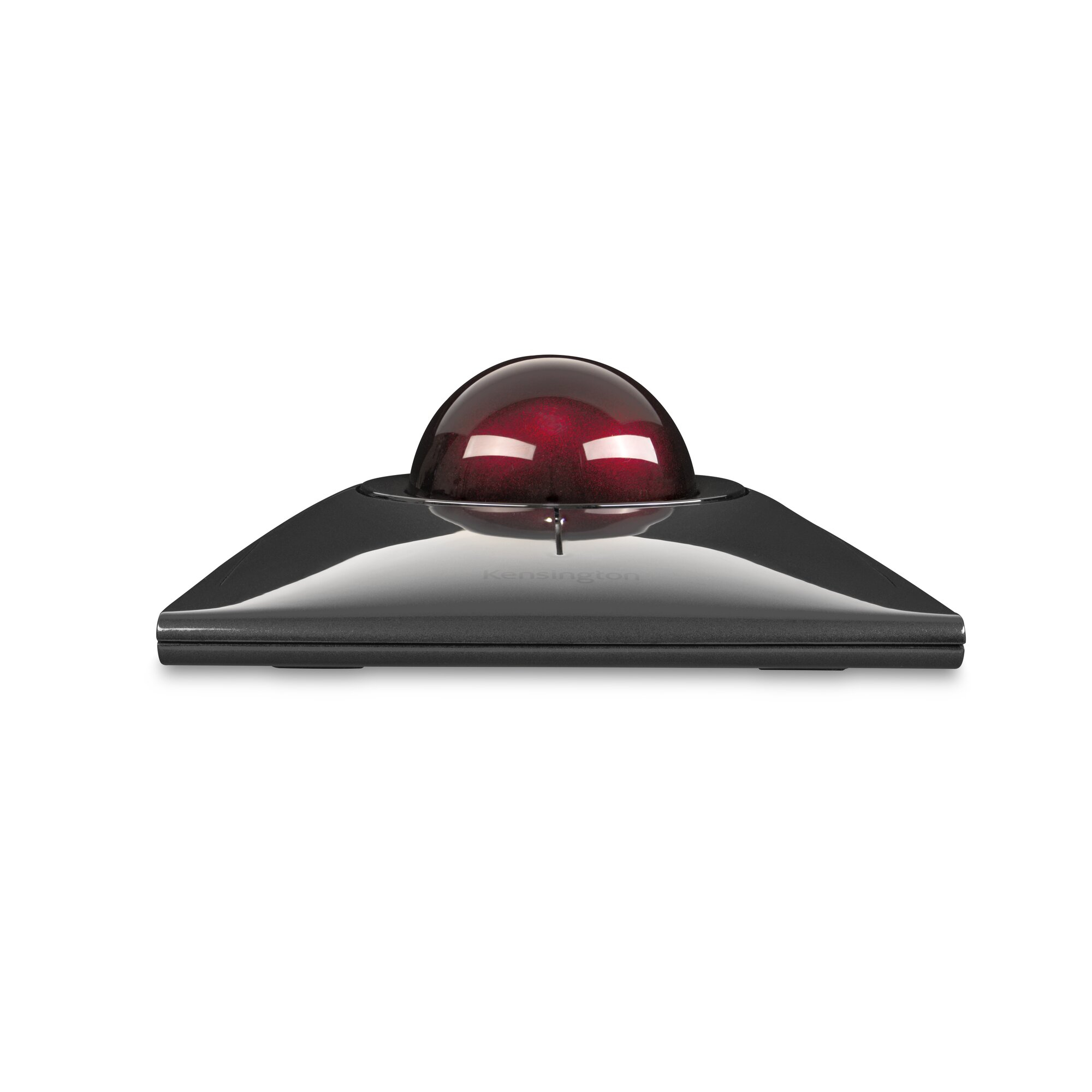 A black trackball mouse with a red ball on top.