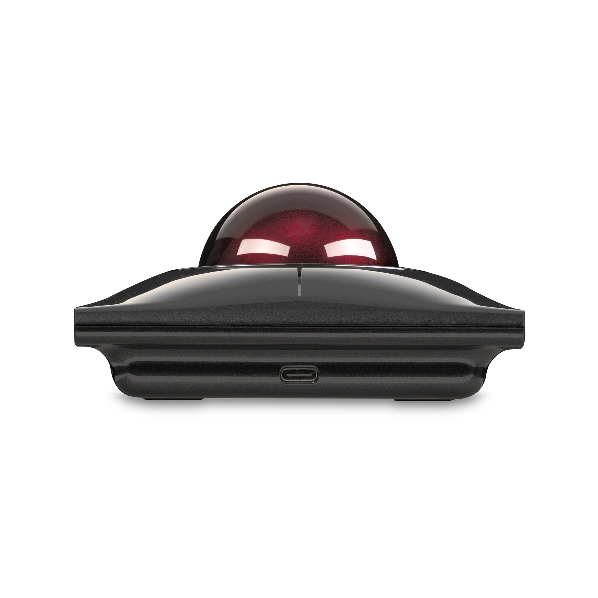 A black trackball mouse with a red, sparkling dome and a USB-C port.