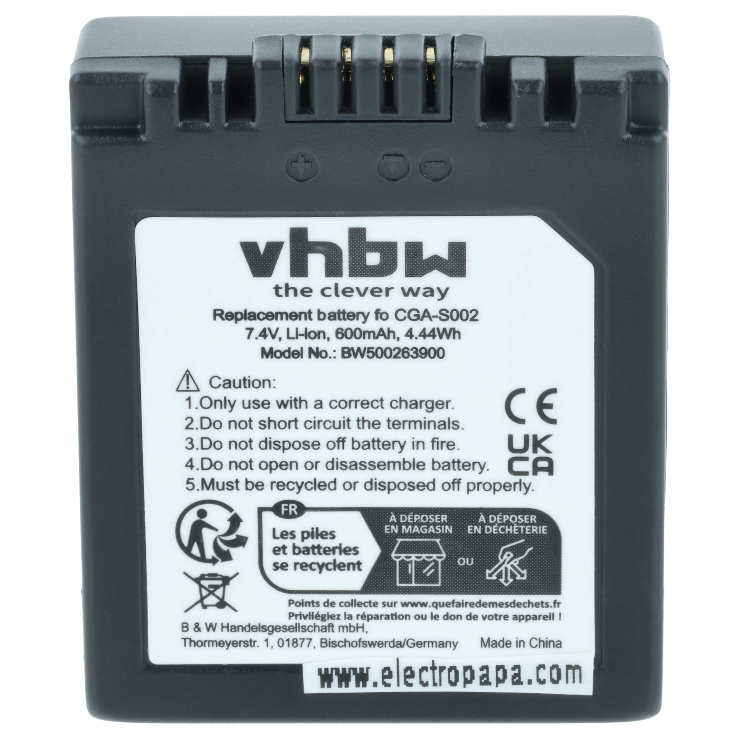Schwarzer Akku mit Aufkleber: vhbw, 7.4V Li-Ion, 600mAh, CGA-S002.