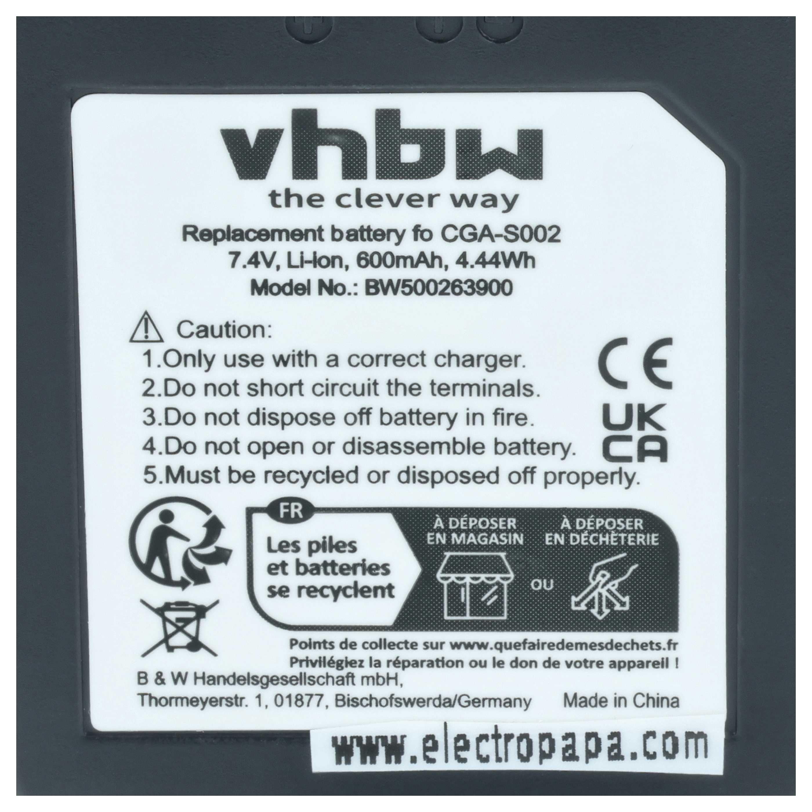 vhbw Ersatzakku für CGA-S002, 7.4V Li-Ion, 600mAh. Mit Warnhinweisen.