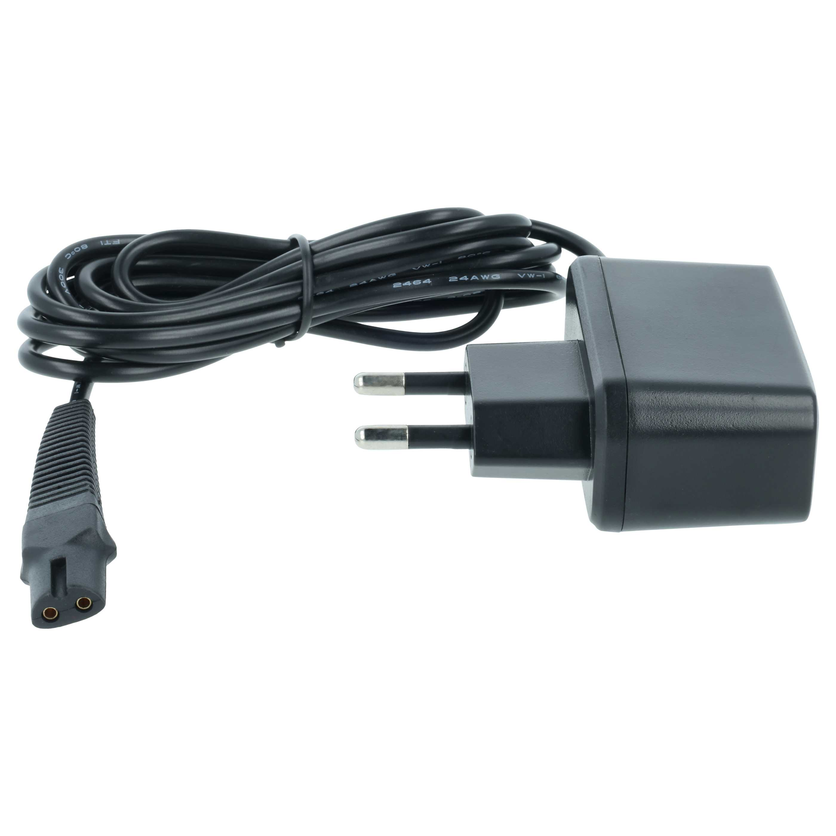 Schwarzes Ladegerät mit Kabel und Eurostecker, weier Hintergrund.
