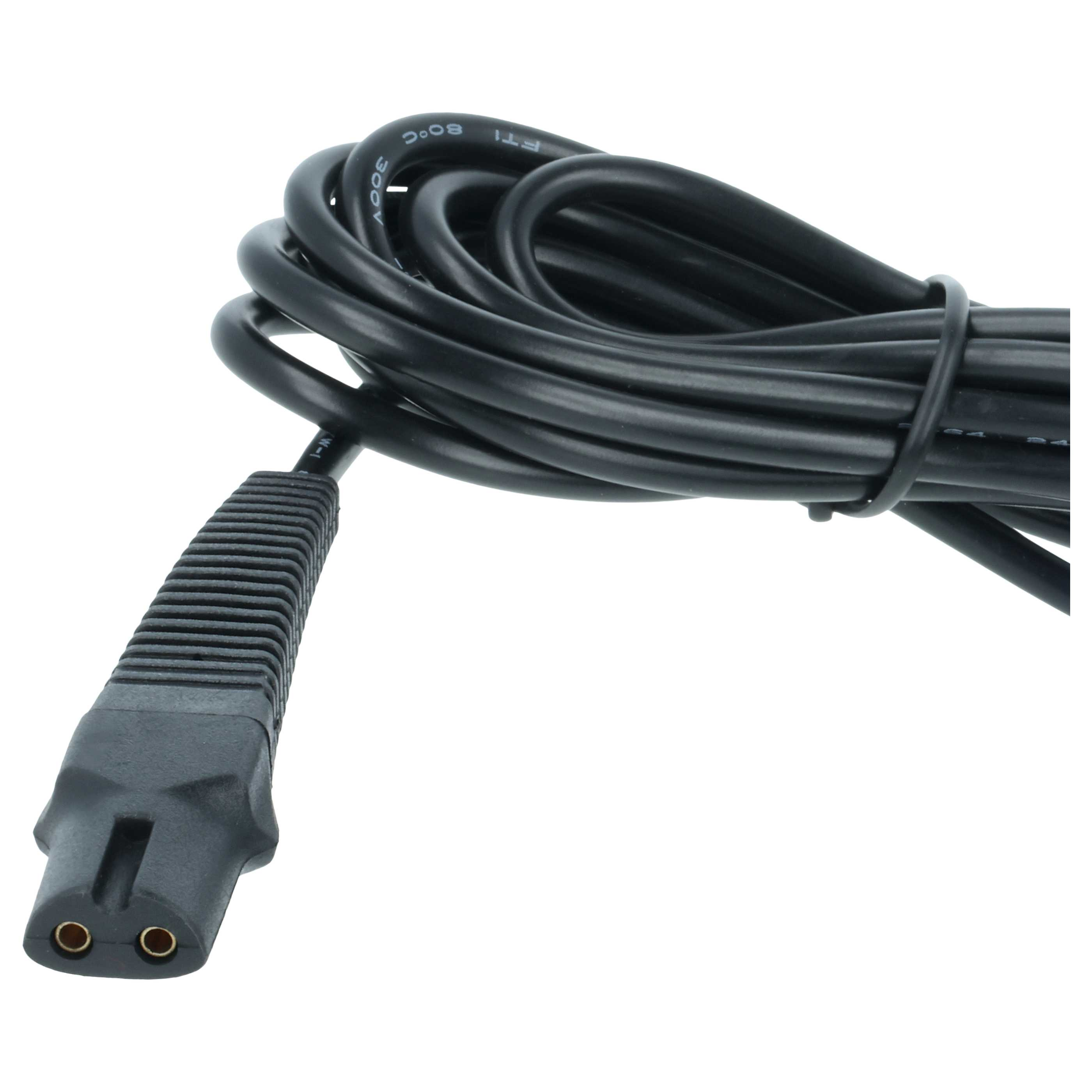 Ein schwarzes Stromkabel mit einem zweipoligen Stecker, aufgerollt.