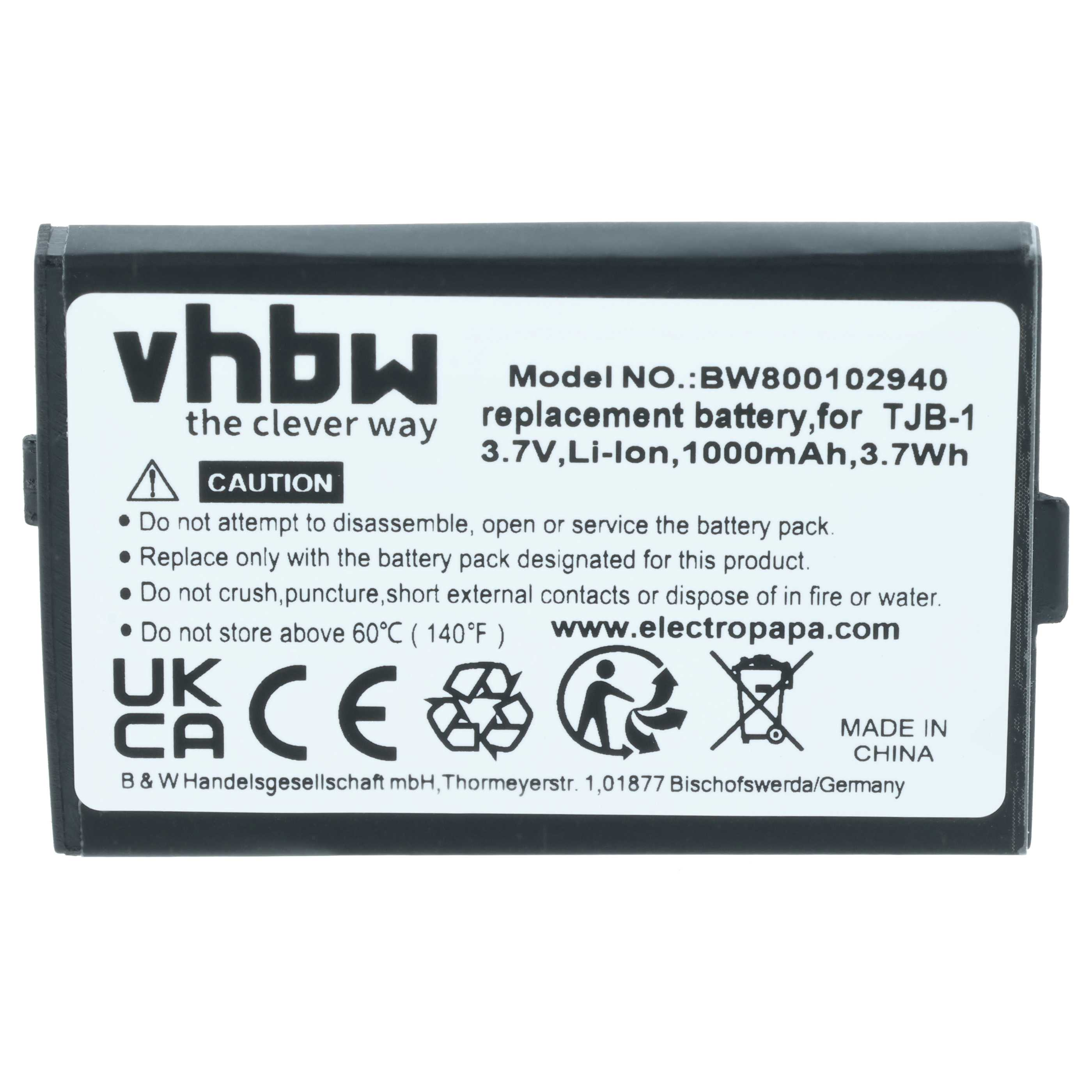 Schwarz-weiße Ersatzbatterie für TJB-1, 3,7V, 1000mAh, mit Warnhinweisen.