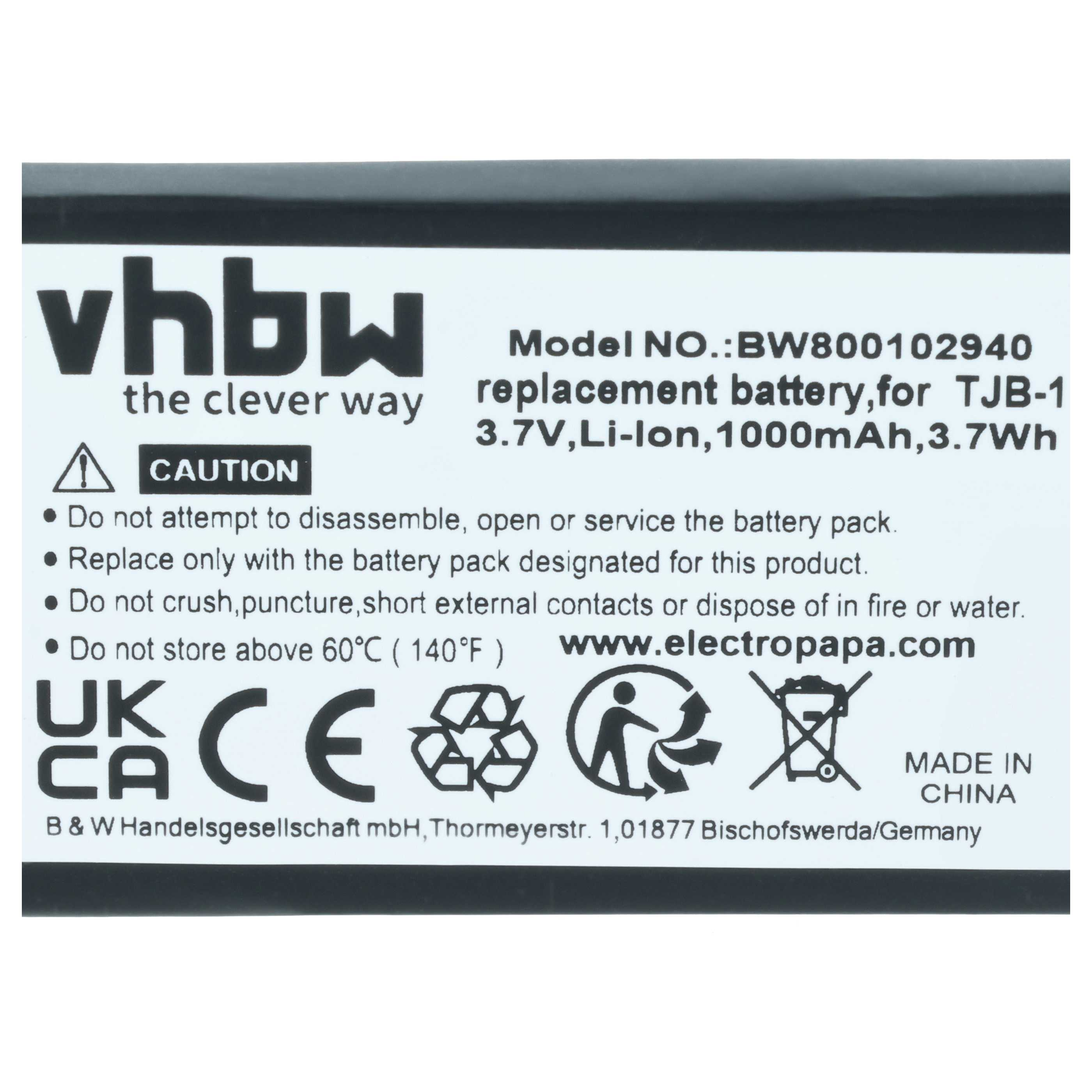 vhbw Ersatzakku für TJB-1, 3.7V, 1000mAh, Li-Ion. Enthält Warnhinweise.