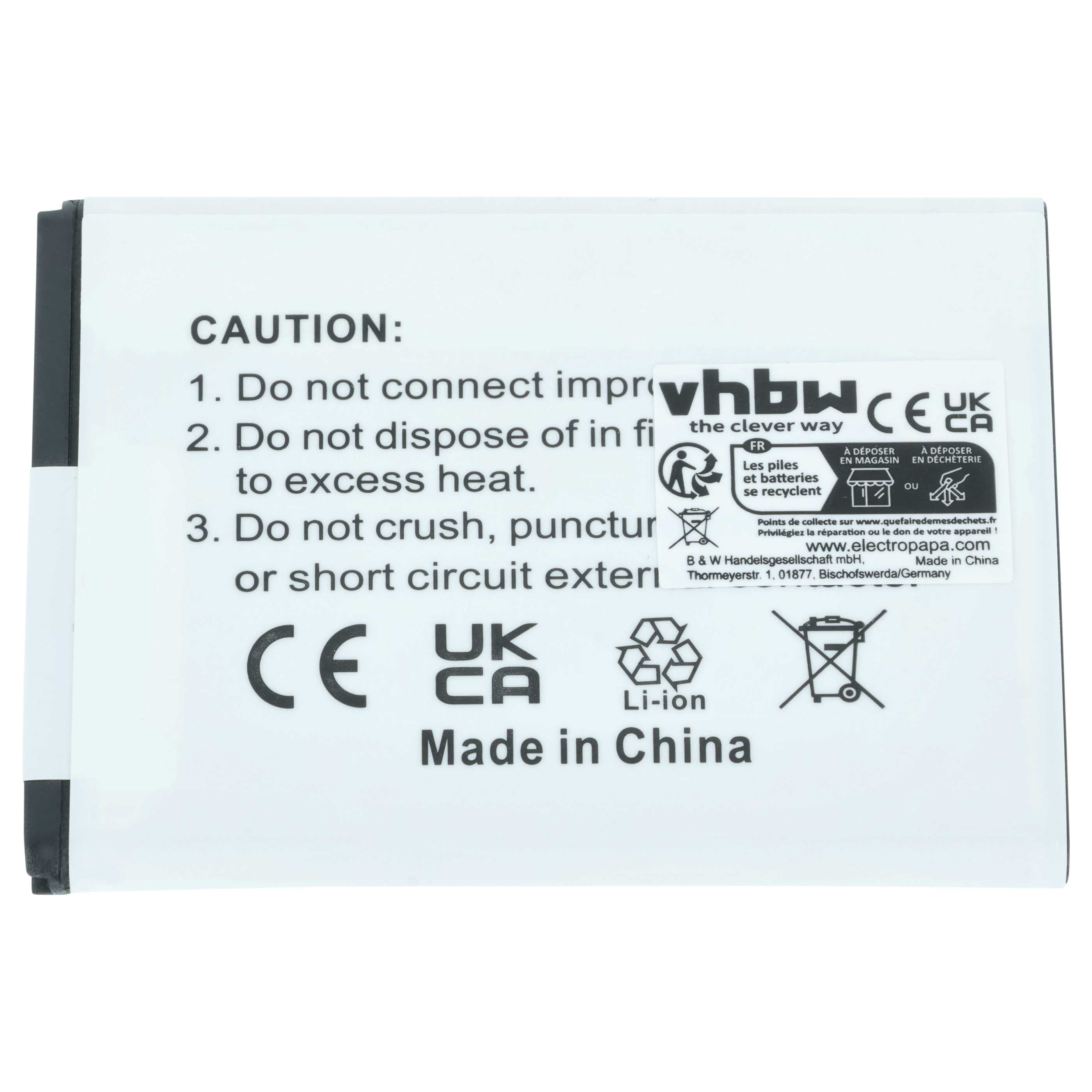 Vorsicht: Akku mit CE, UK CA, Li-ion Zeichen. Hergestellt in China.