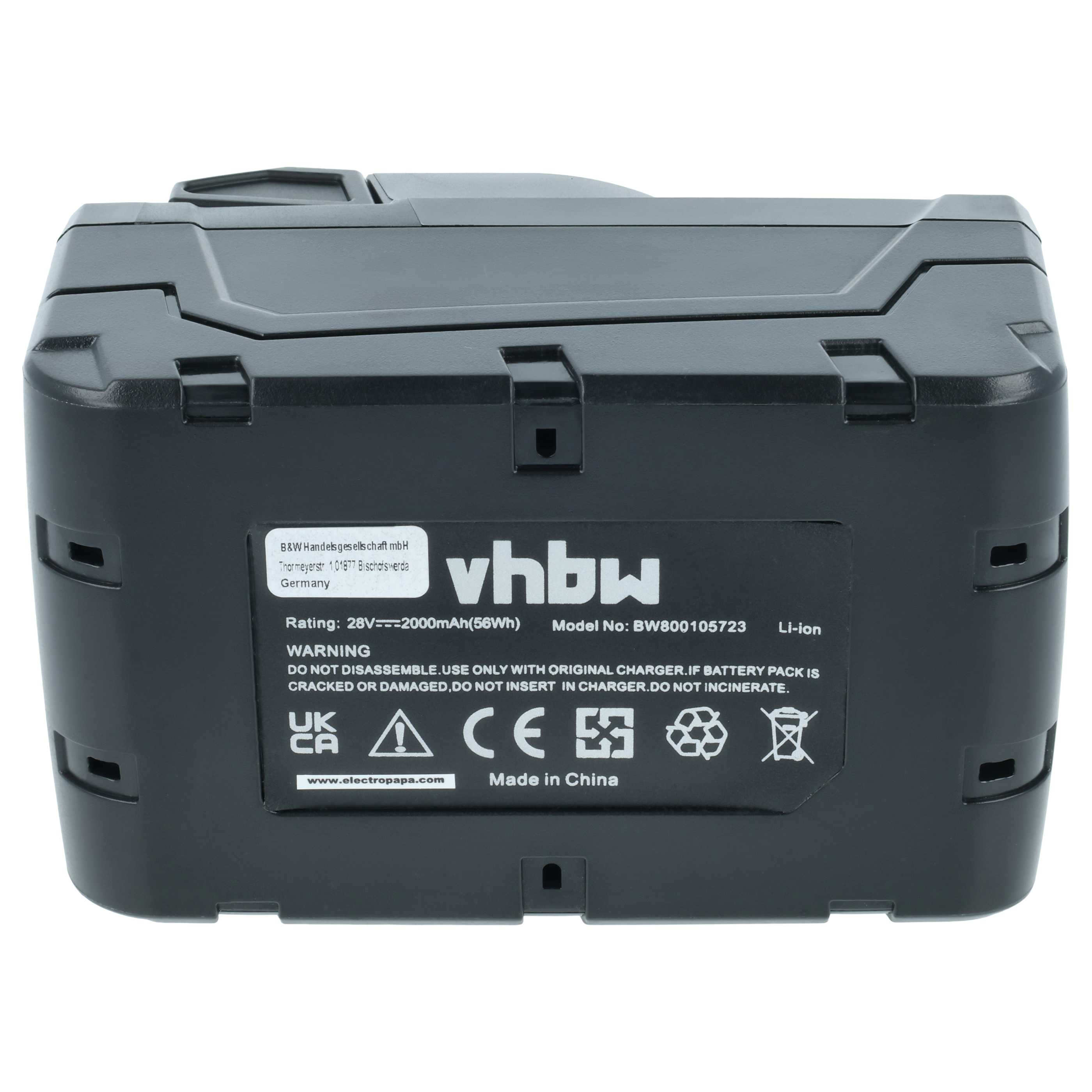 Schwarzer Li-Ion-Akku mit Beschriftung, 28V, 2000mAh, Made in China.