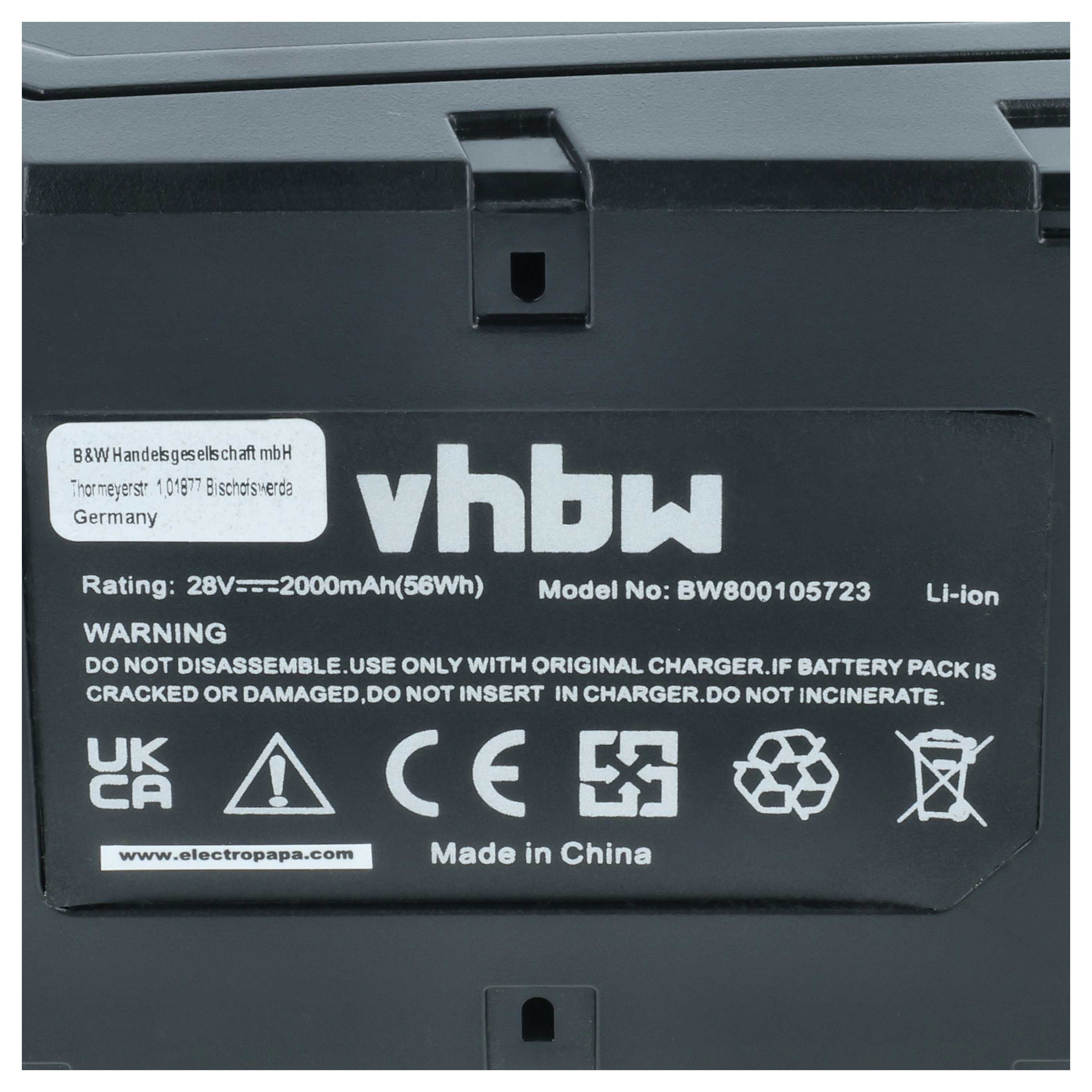 Schwarzer Akku mit vhbw Logo, Nennspannung 28V 2000mAh, Modell BW800105723.