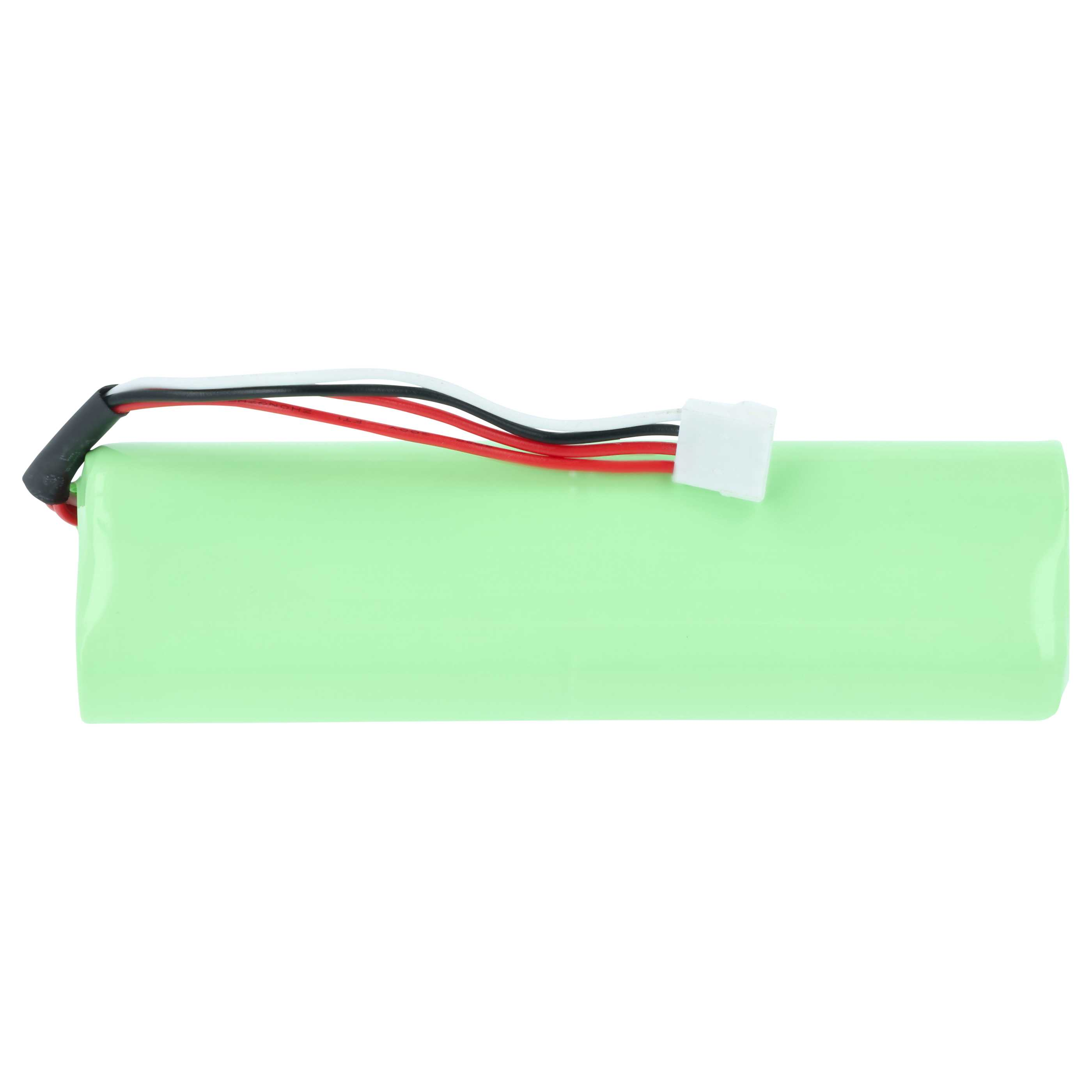 Grüne Zylinderbatterie mit roten, schwarzen und weißen Kabeln und einem weißen Stecker.