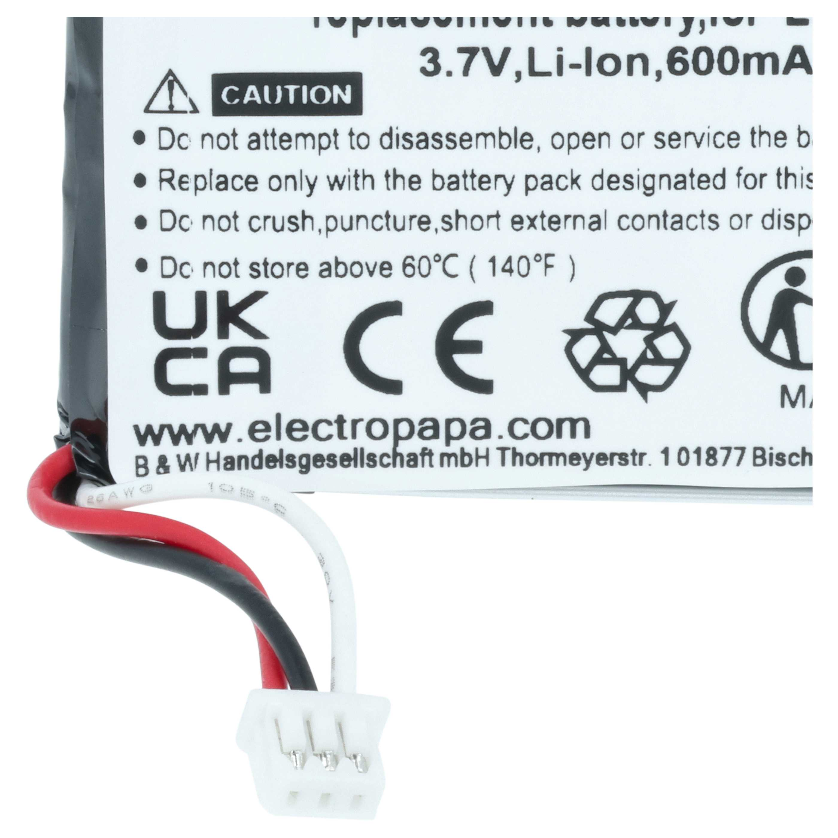 Ein Li-Ion Akku mit 3.7V, 600mA, mit Warnhinweisen und Recycling-Symbol.