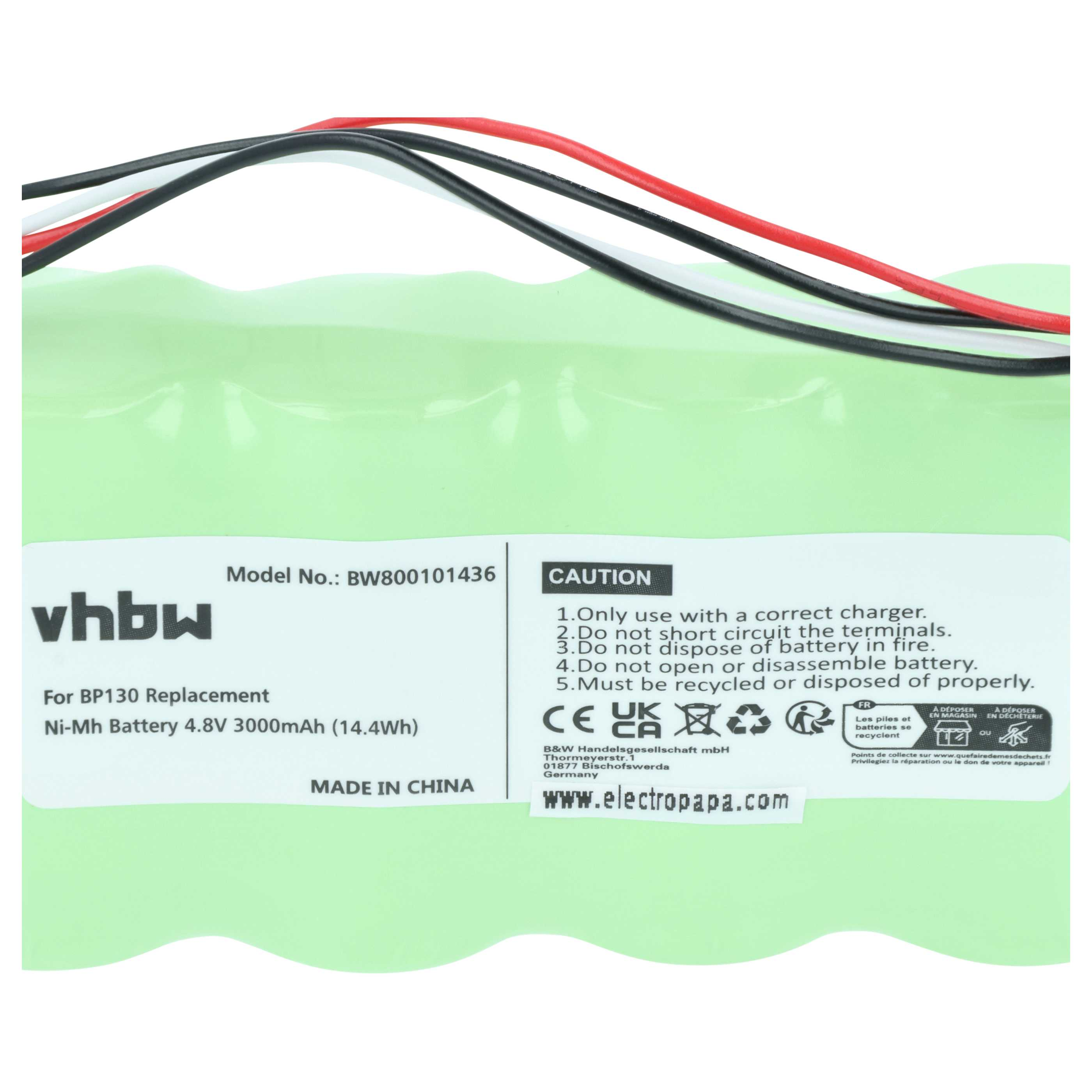 Ni-MH Akku 4.8V 3000mAh mit Kabeln und Warnhinweisen.