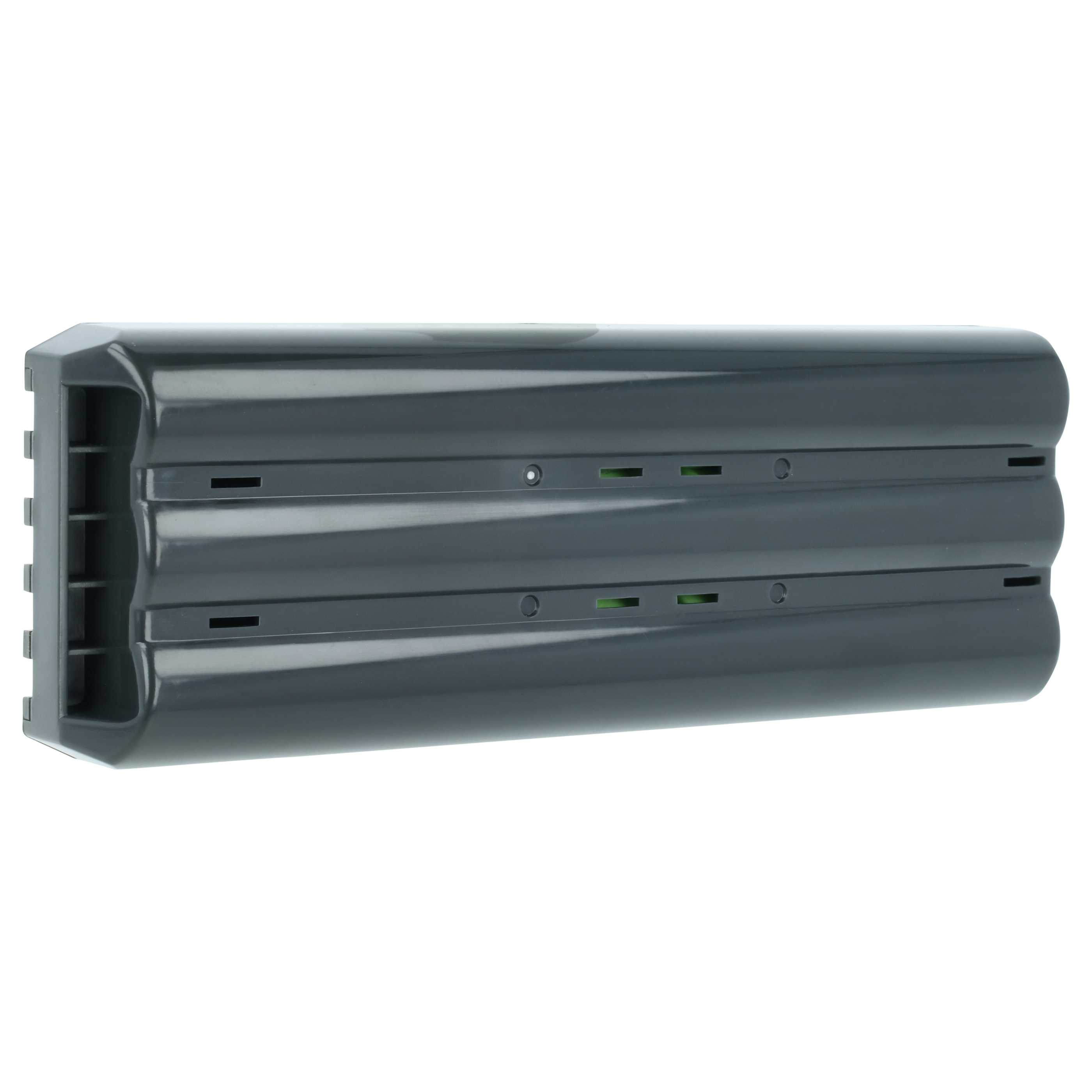 Eine graue, längliche Batterie mit geriffelter Oberfläche und kleinen Schlitzen.