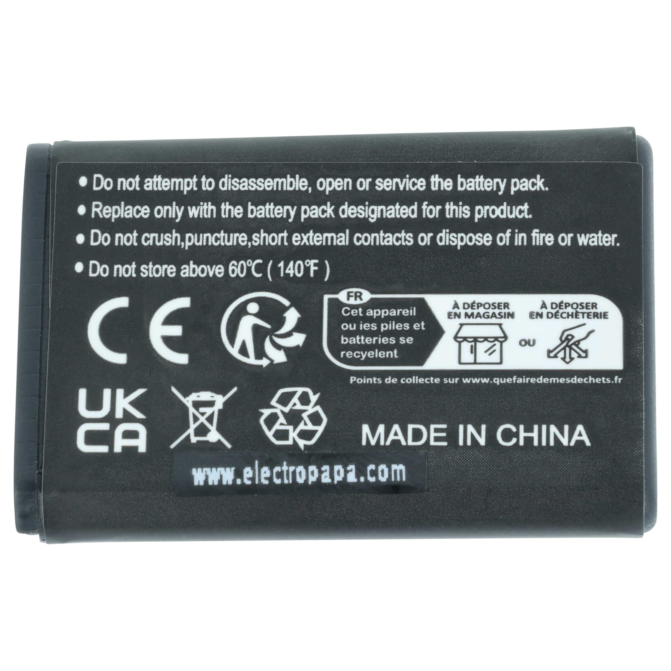 Schwarzer Akku mit weißen Warnsymbolen und Text, Made in China.
