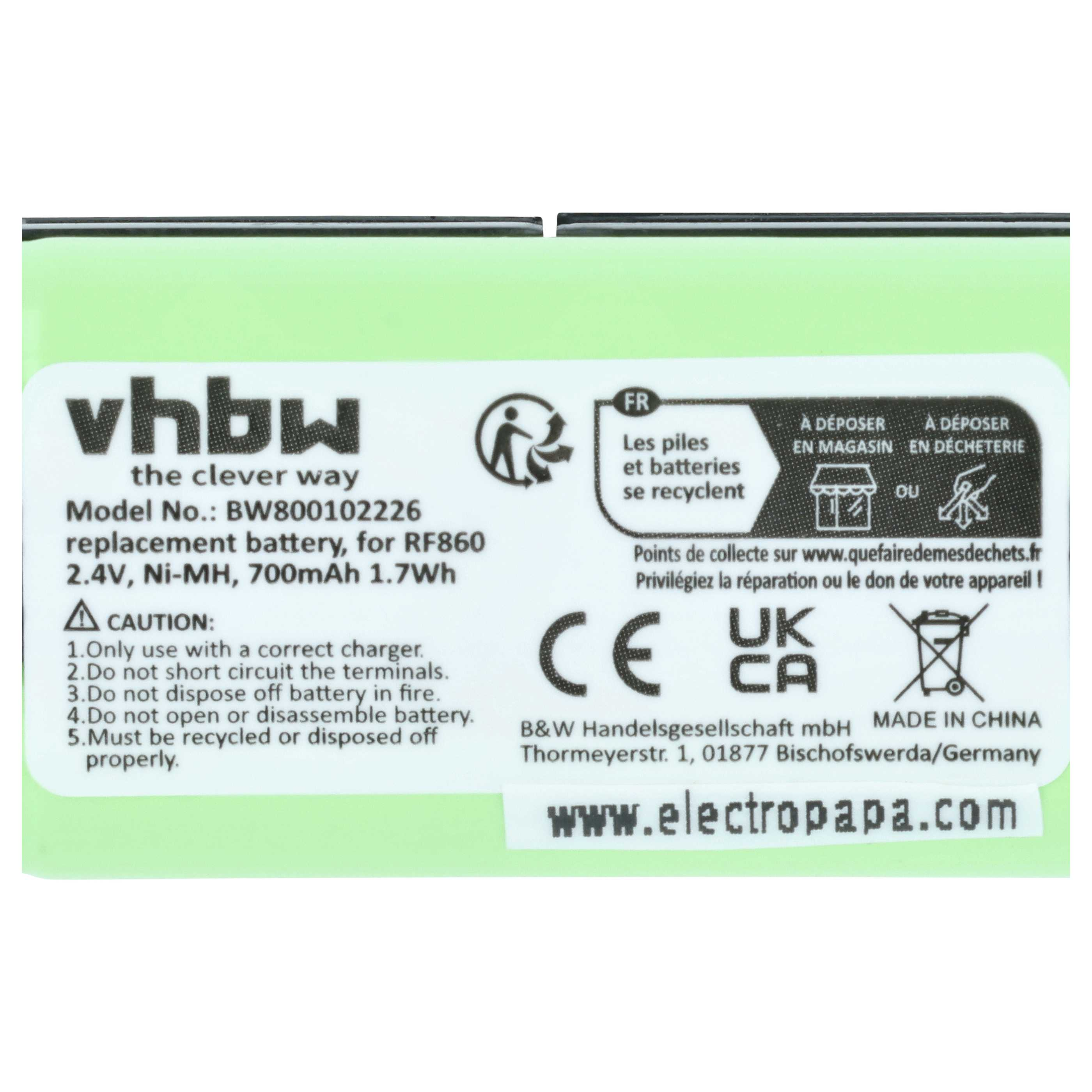 Grüner Akkupack mit VHBW-Logo, Modell, Spannung und Recycling-Symbolen.