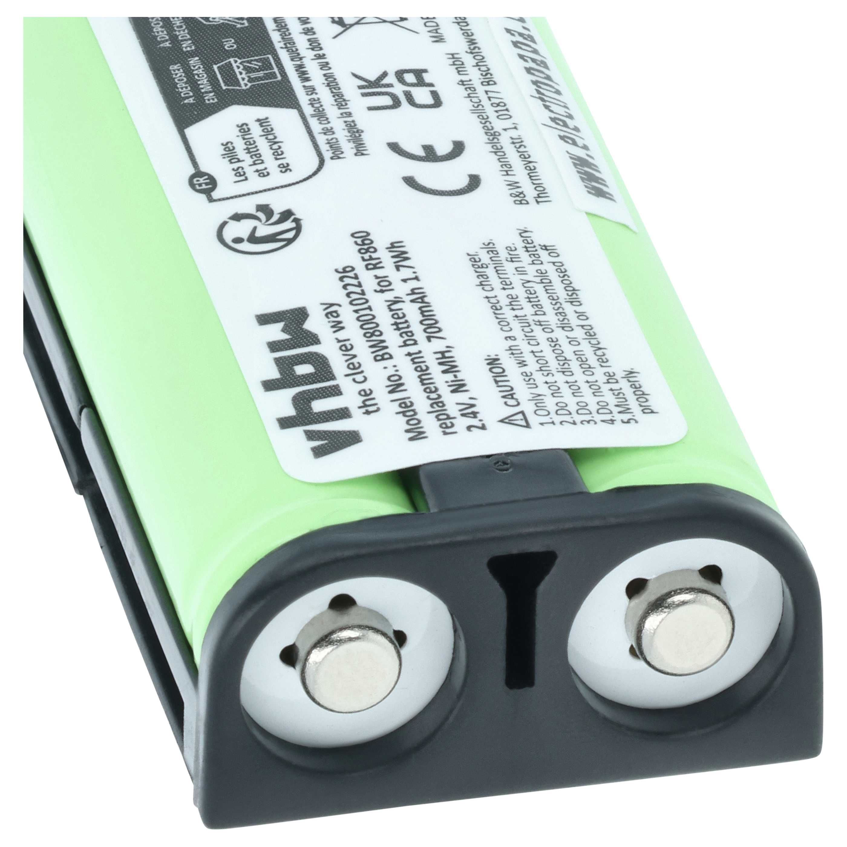 Grüne 2,4V Ni-MH Batterie mit zwei Anschlüssen und Aufdruck.