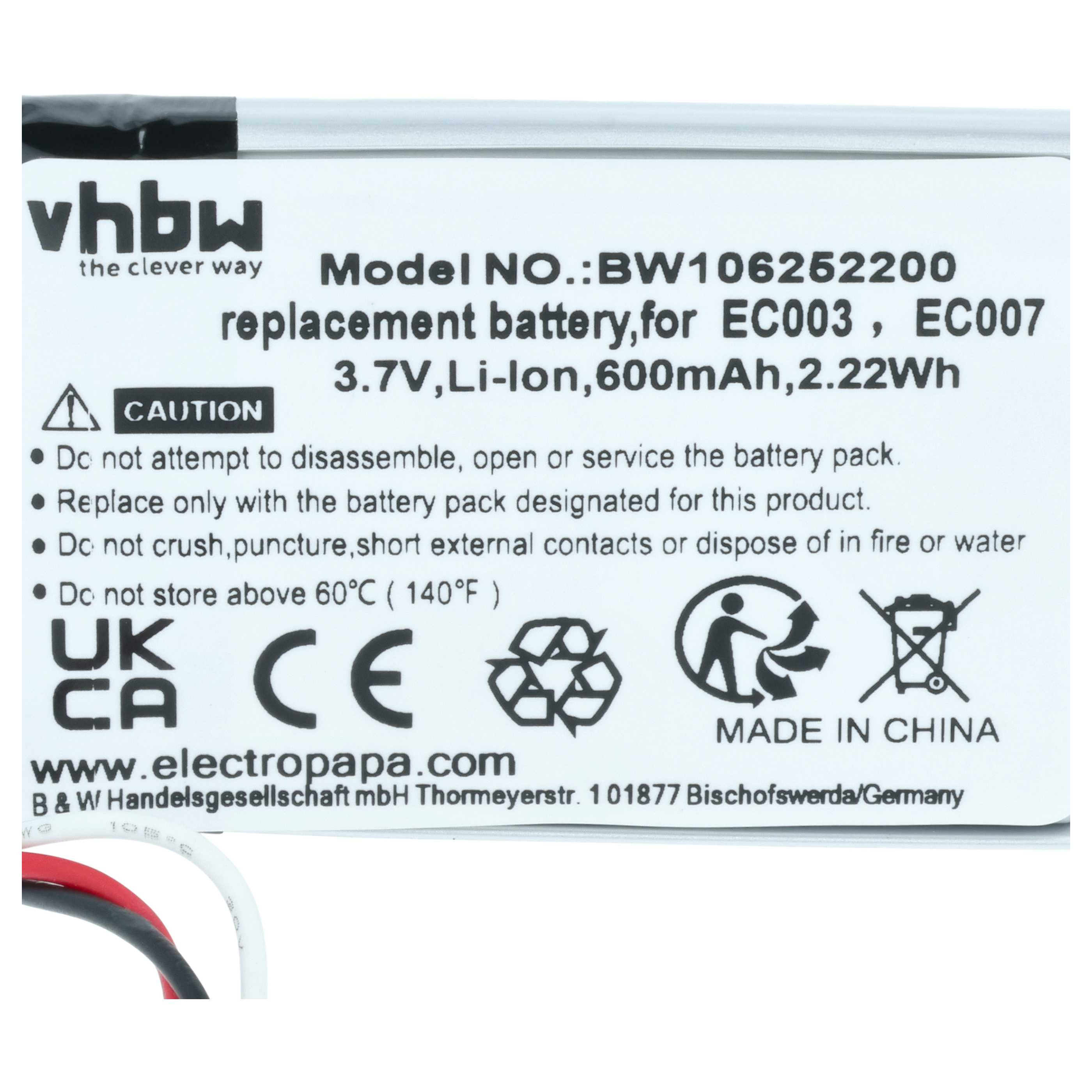 Vhbv-Ersatzakku für EC003/EC007, 3,7V, 600mAh. Enthält Warnhinweise.