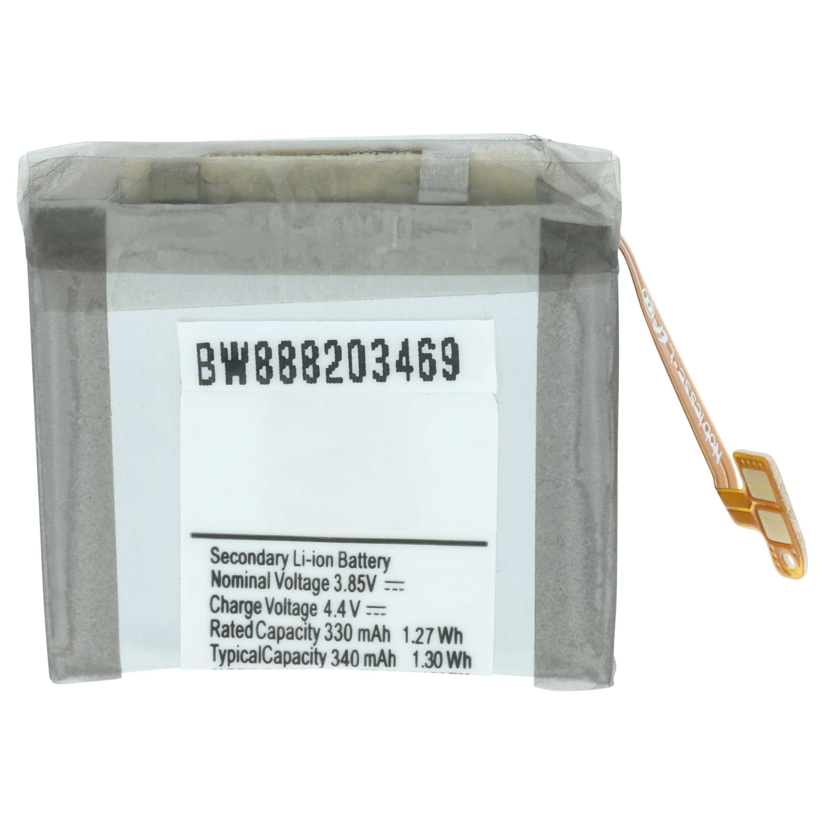 Grauer Lithium-Ionen-Akku mit Beschriftung und Kabel.