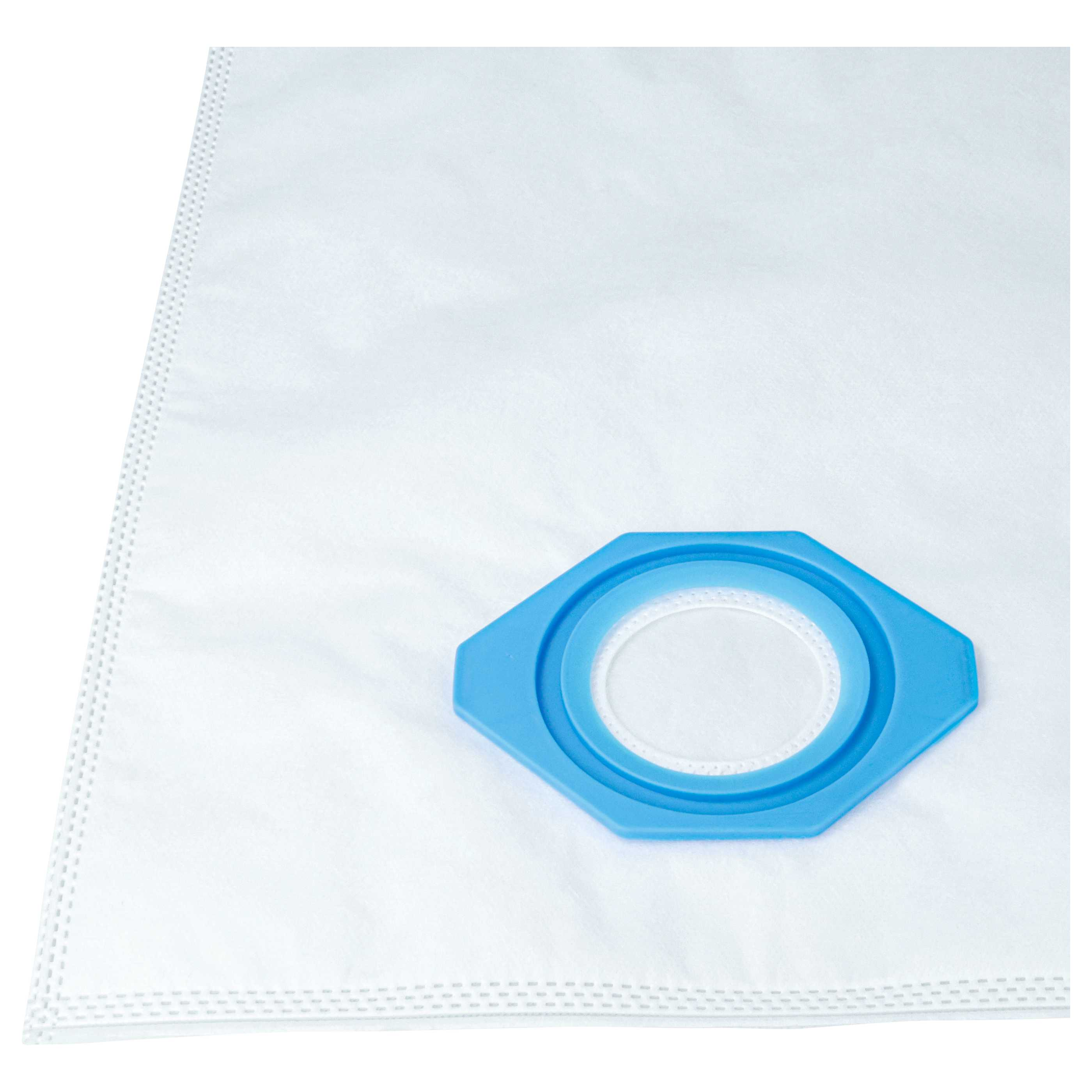 Ein weißer Staubsaugerbeutel mit einem blauen Anschlussstück.