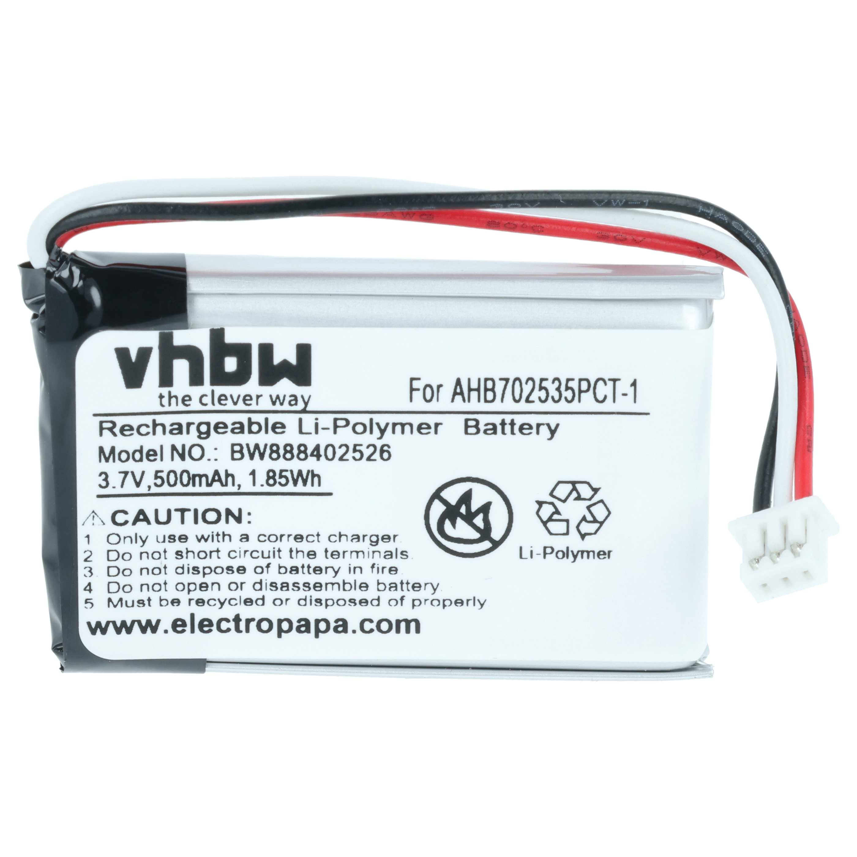vhbw Li-Polymer Akku, 3,7V, 500mAh, mit Kabel und Stecker.