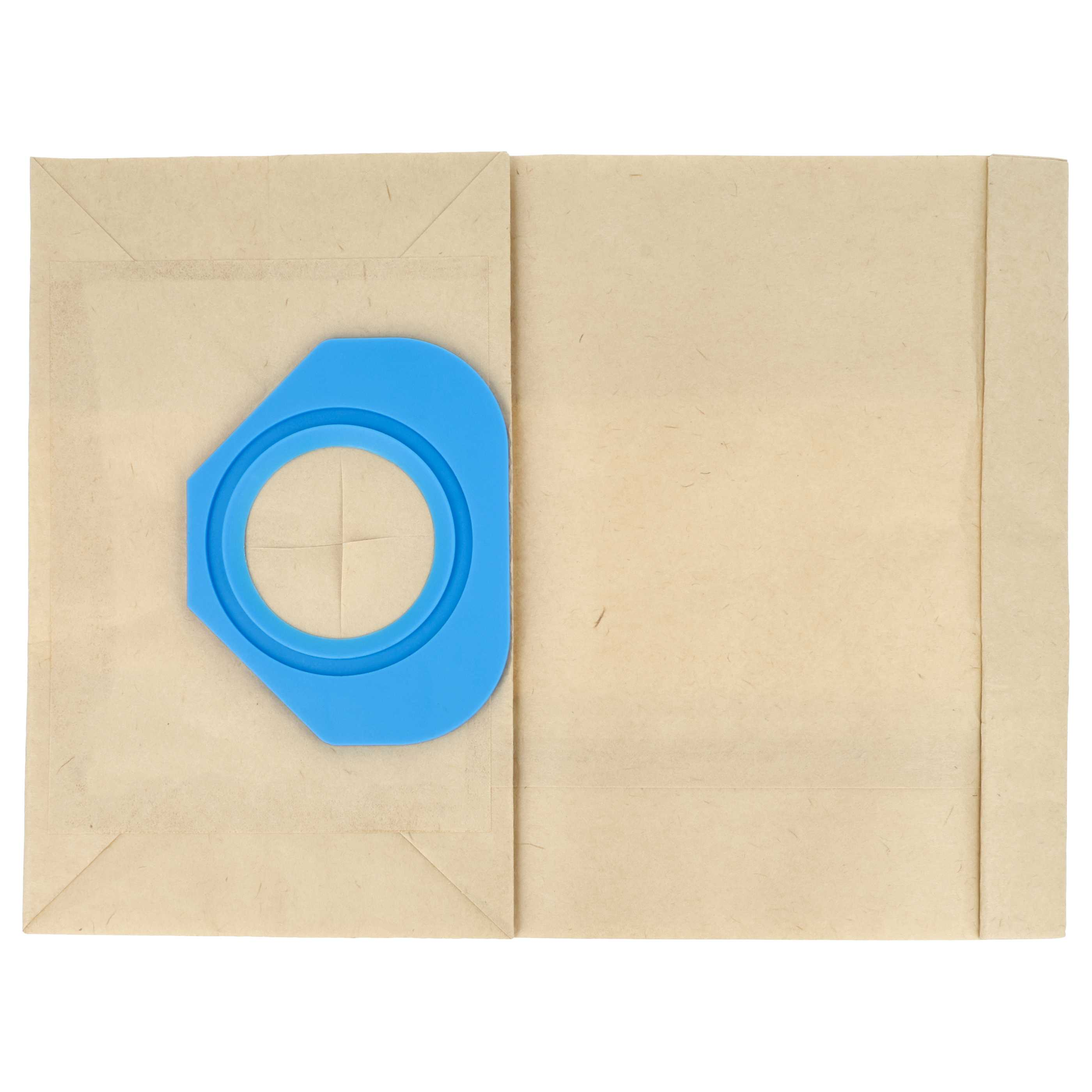 Ein brauner Papierstaubbeutel mit blauem Anschluss. Studioaufnahme.